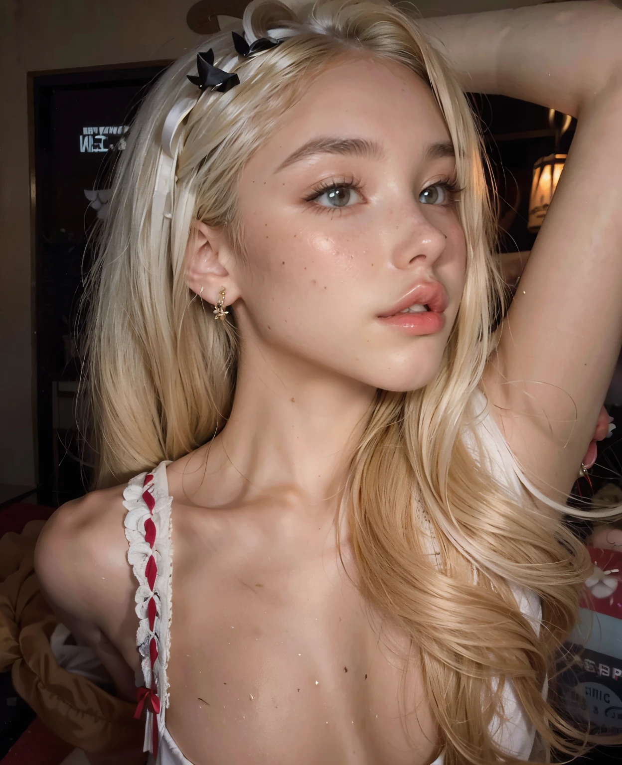 Blonde woman with long hair and piercings posing for a photo., with long white hair, with long white hair, perfect white haired girl, ava max, tifa lockhart with white hair, pale porcelain white skin, anime girl in real life,  with white hair, extremely light blonde hair, very light blonde hair, with long blond hair, Her hair is white