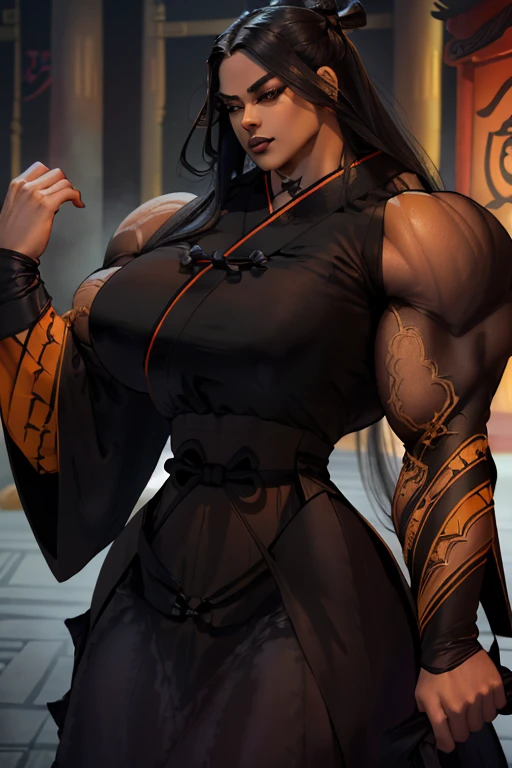 (((Massive tall, beautiful, buff, light brown skinned muscular woman with shocking pink hair, black lipstick, tattooed body adorned with intricate designs, ginormous bulky muscles, and wearing a beautiful long silk black cheongsam dress))), ((close view)), (massive muscles), massive biceps, hyper muscle shoulders, massive muscle arms, vascular shoulders, hyper muscle triceps, angled bob cut, red eyes, (a beautiful long silk black cheongsam dress), ((tattooed body adorned with intricate designs)), choker, (studded gauntlets), high heel boots, (in a sea of pink flames), confident smile, night, hyper vascular arm, hyper muscles arms, hyper muscle legs, massive arms