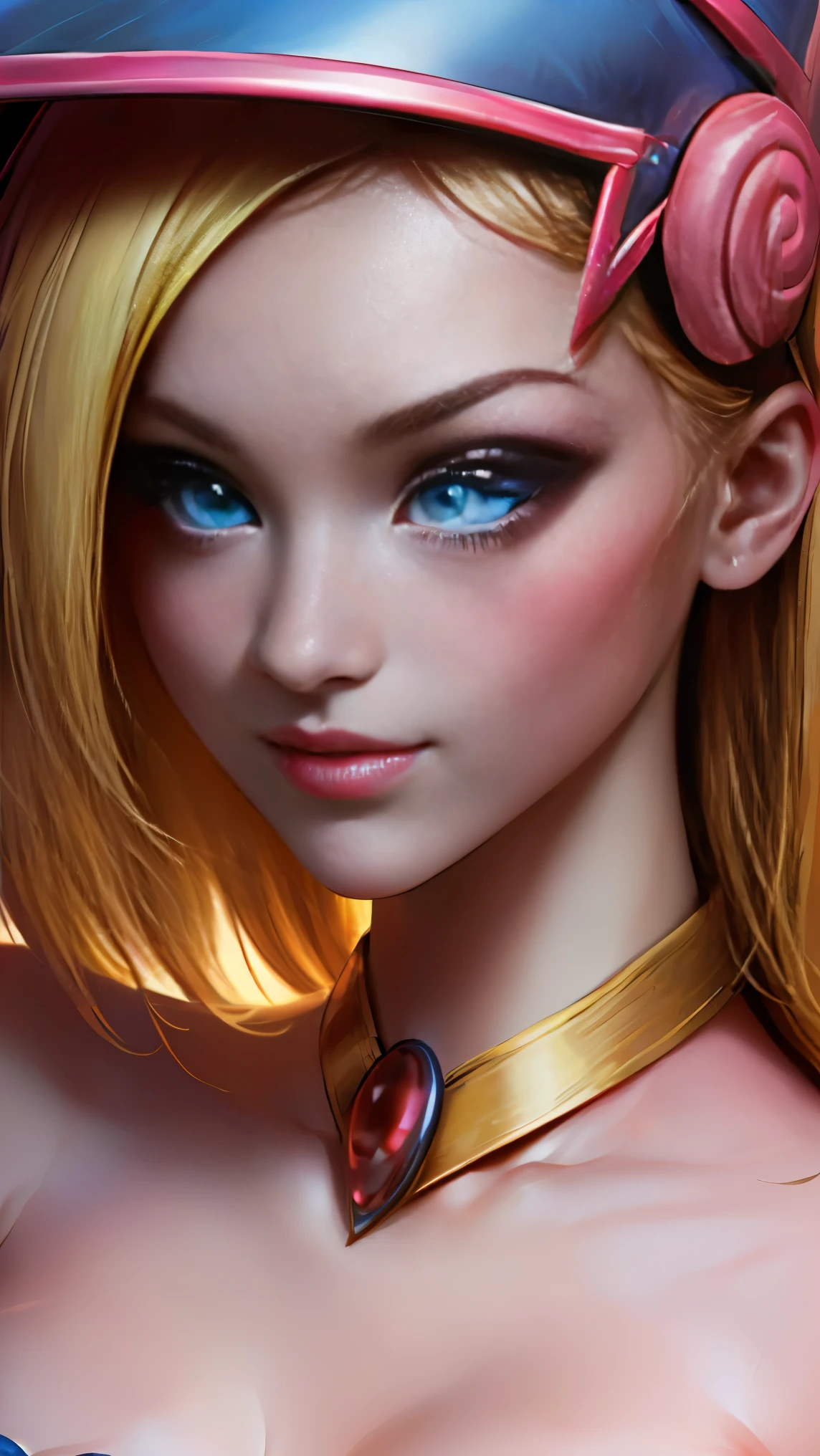 take closeup. beautiful face dark Magician girls,blond hair. blue eyes. pink lips. Thick and long eyelashes. Highlight beautiful nails. big breasts.