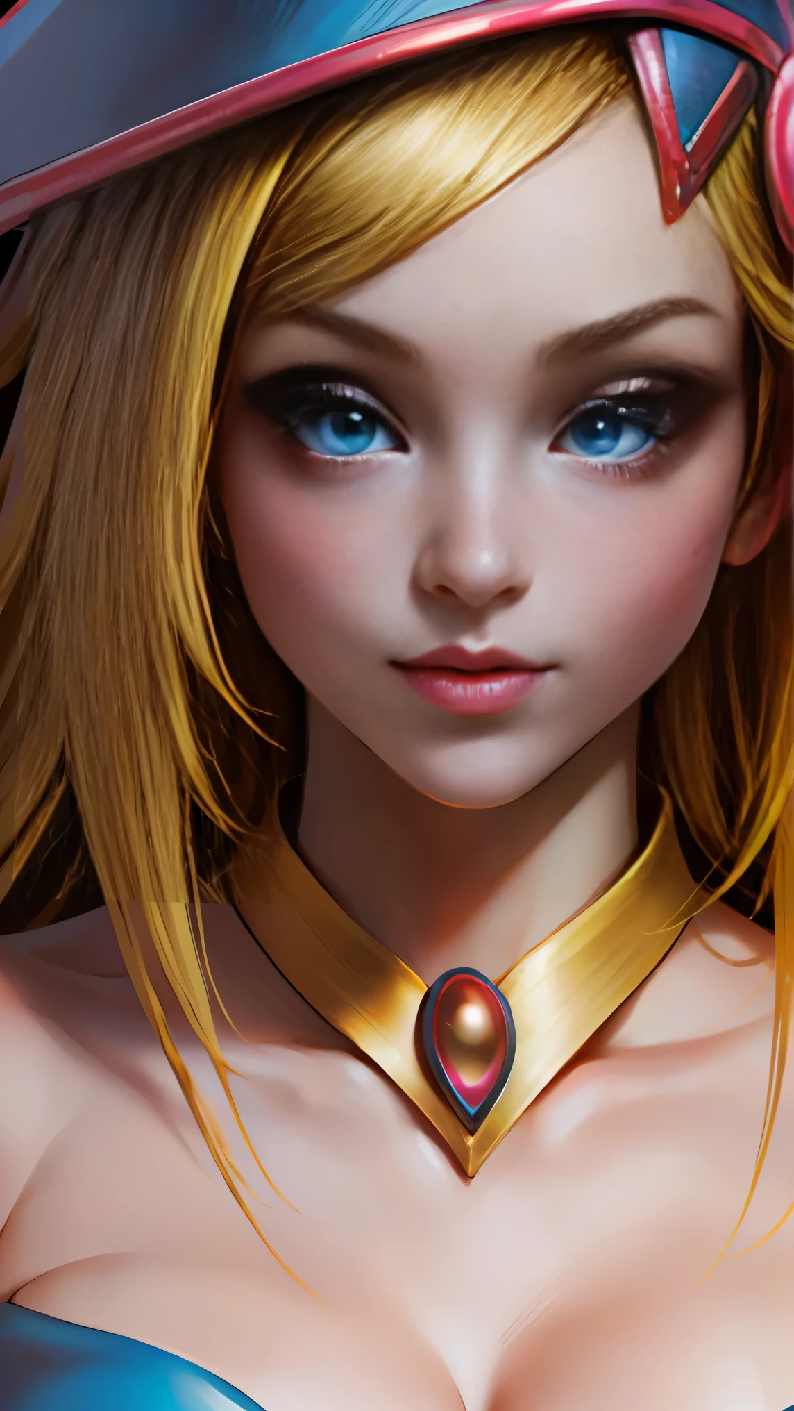 mejor calidad, obra maestra, cabello rubio, ojos azules, mirando hacia arriba, parte superior del cuerpo. Dark magician gils. Rostro de Diosa.