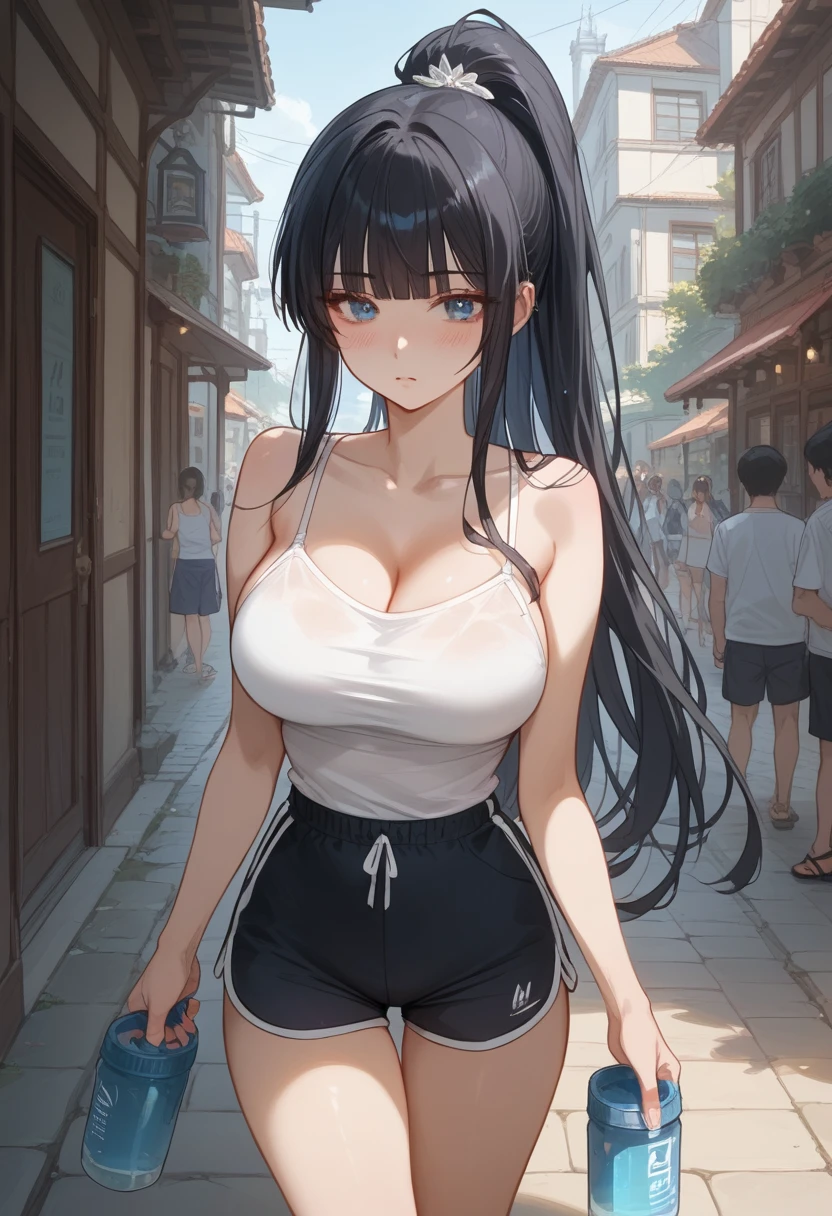 score_9, score_8_up, score_7_up, score_6_up,source_anime,masterpiece, best quality, intricate details,cinematic lighting,blunt bangs, slender body, large breasts, curvy breasts, slim waist, pale skin, hour glass figure, black hair, glowing blue eyes, long hair, high ponytail, blush, outdoors, white camisole, dolphin shorts, sandals 