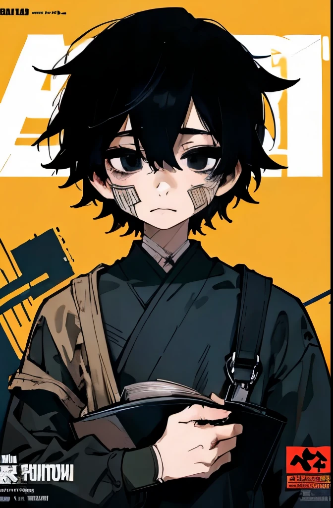 r boy Black messy hair, black eyes, wearing military jumpsuit and overalls, flat vector style, Geometric pattern background, upper body, magazine cover, a digital painting by Fujiwara Nobuzane