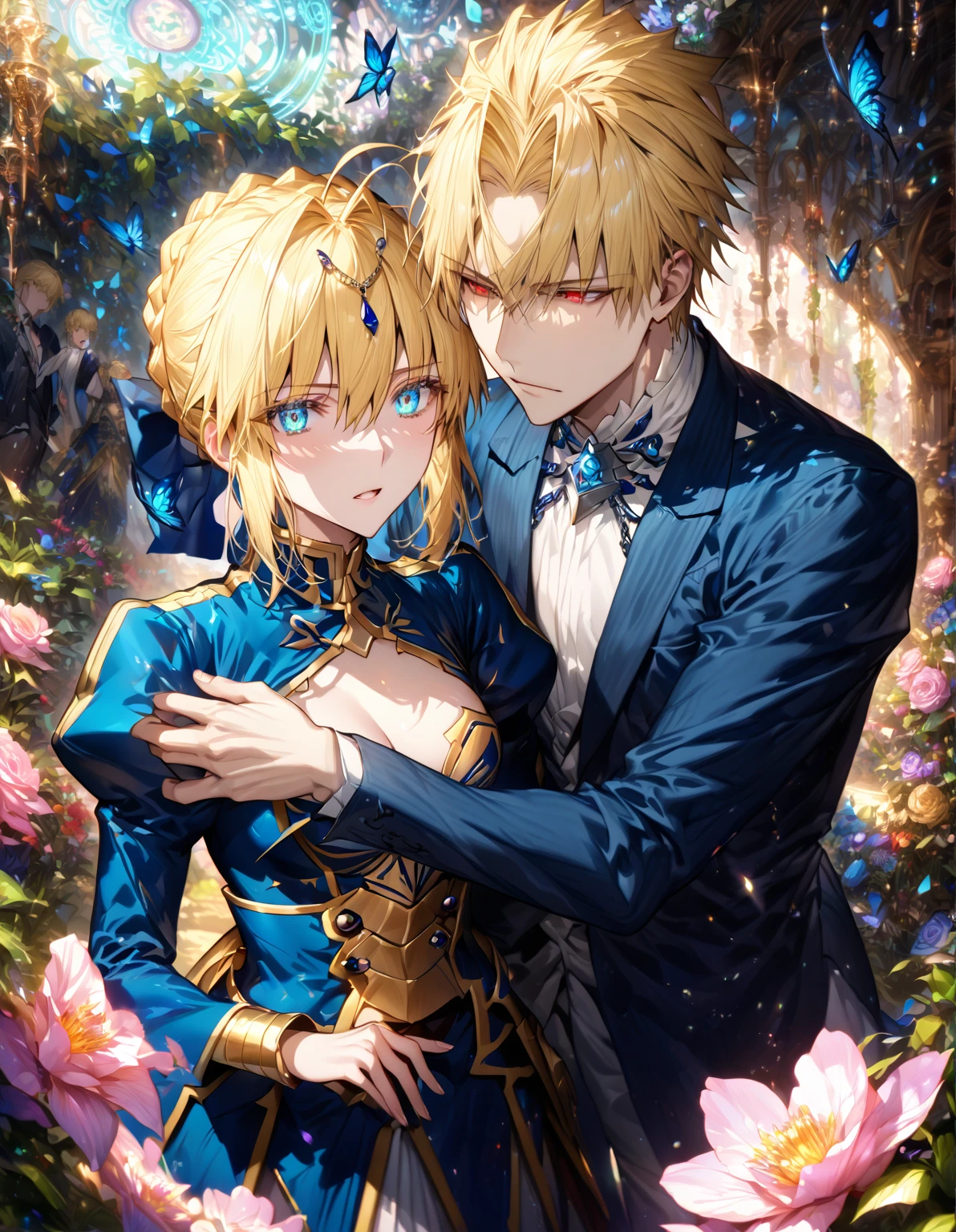 absurdres, highres, ultra detailed, HDR, master piece, best quality, extremely detailed, detailed eyes, detailed face, Gilgamesh, blonde hair, expressive red eyes, Fate Grand Order, Artoria Pendragon, Saber, blonde hair, expressive turquoise eyes, handsome man together with a beautiful woman, white clothes, black clothes, glittering blue butterflies, garden, magic circle, green leaves, blue petals, blue roses, fantasy, magical