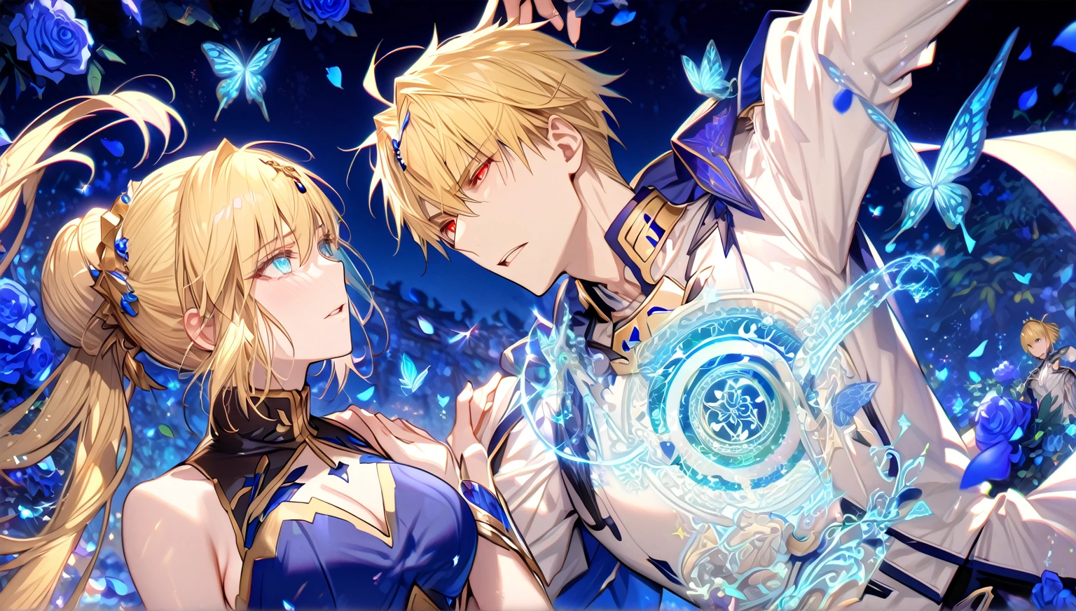 absurdres, highres, ultra detailed, HDR, master piece, best quality, extremely detailed, detailed eyes, detailed face, Gilgamesh, blonde hair, expressive red eyes, Fate Grand Order, Artoria Pendragon, Saber, blonde hair, expressive turquoise eyes, handsome man together with a beautiful woman, white clothes, black clothes, glittering blue butterflies, garden, magic circle, green leaves, blue petals, blue roses, fantasy, magical