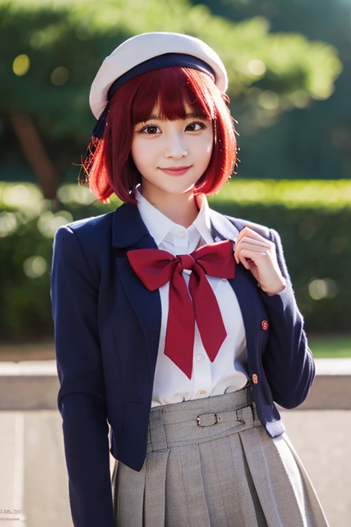 Realistic, kana arima, ultra detail, red hair, smile