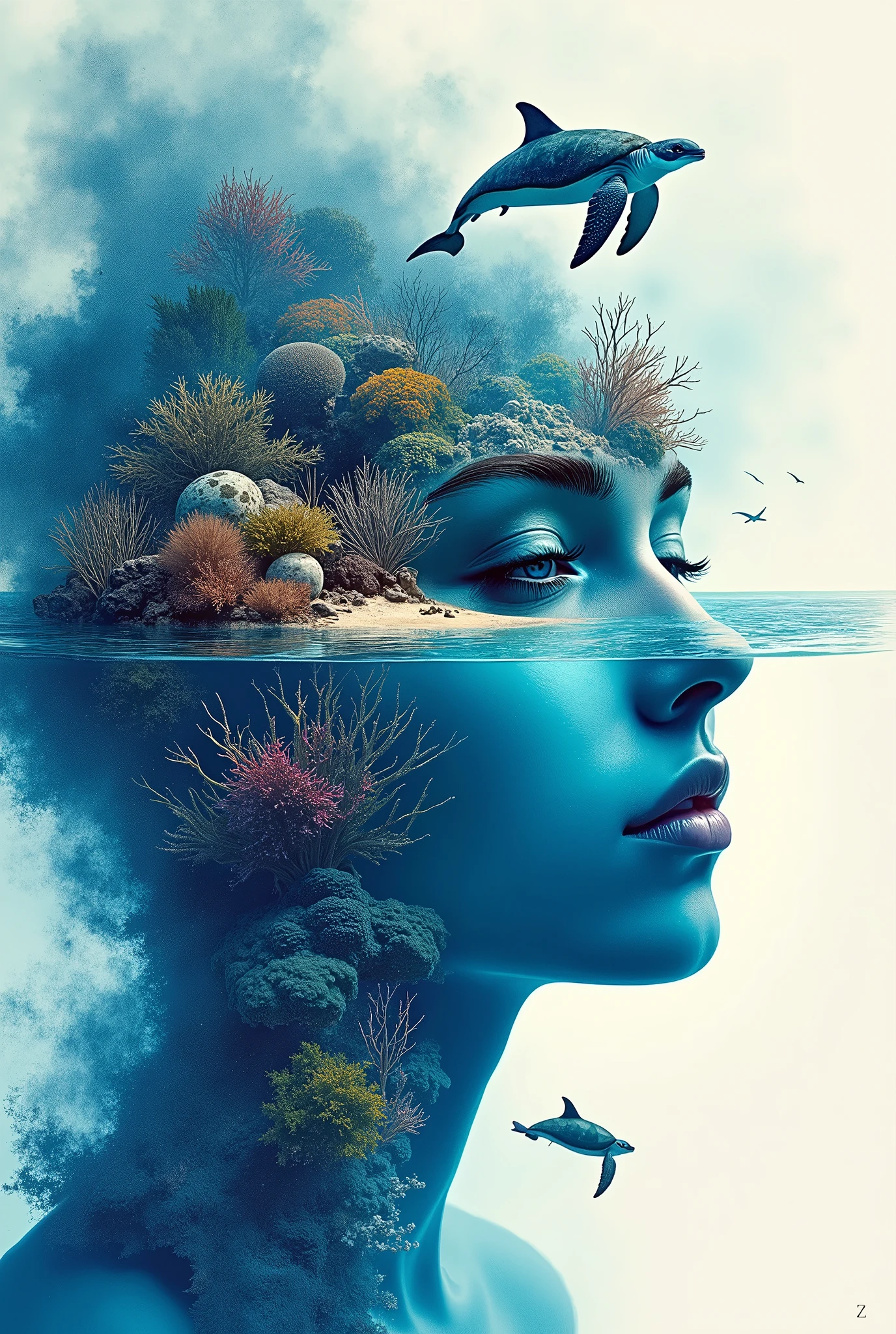 Create a 4D alcohol ink/watercolour style amazing sea landscape blended on a lady face, dolphin, turtle, reef, incredible illustration, 4D render