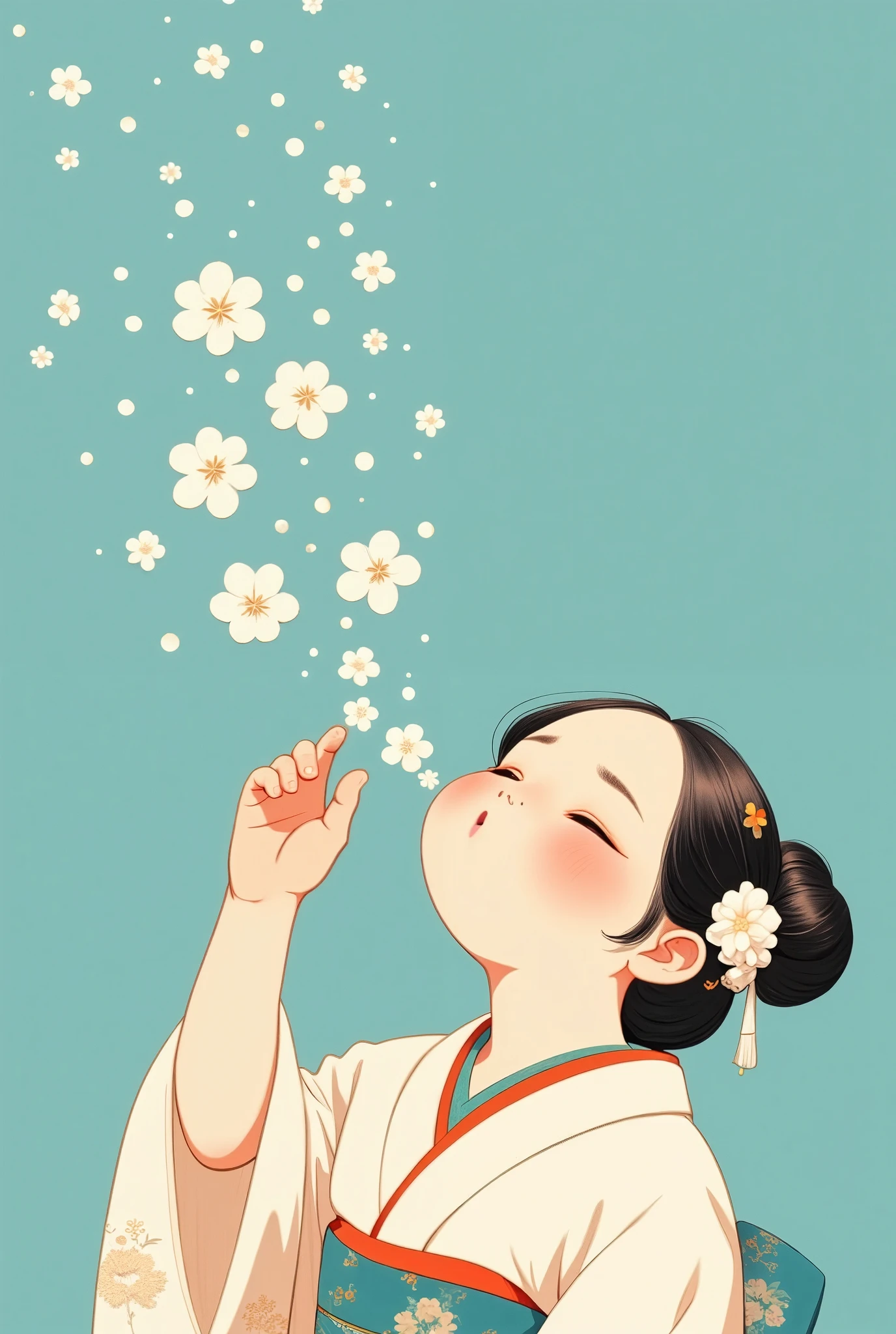 smoll_lady in a kimono blowing bubbles of white flowers into the air with her eyes closed and her hair in a bun