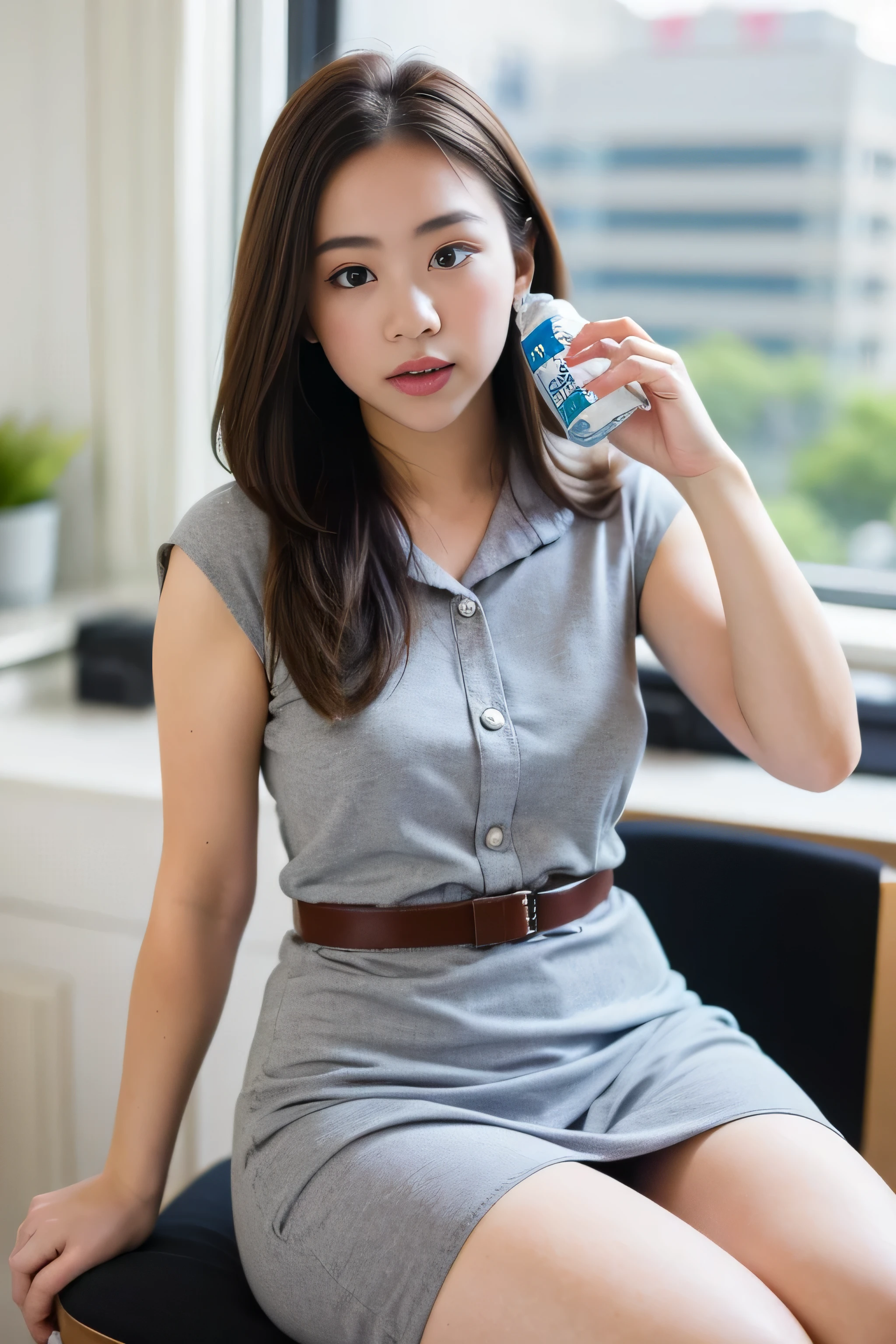 1 girl,close up, masterpiece, wearing a gray office dress, model holding a water bottle, sitting in an office chair, having a desk, in the office, background is a view of a building and sky, there is sunlight coming into the office.