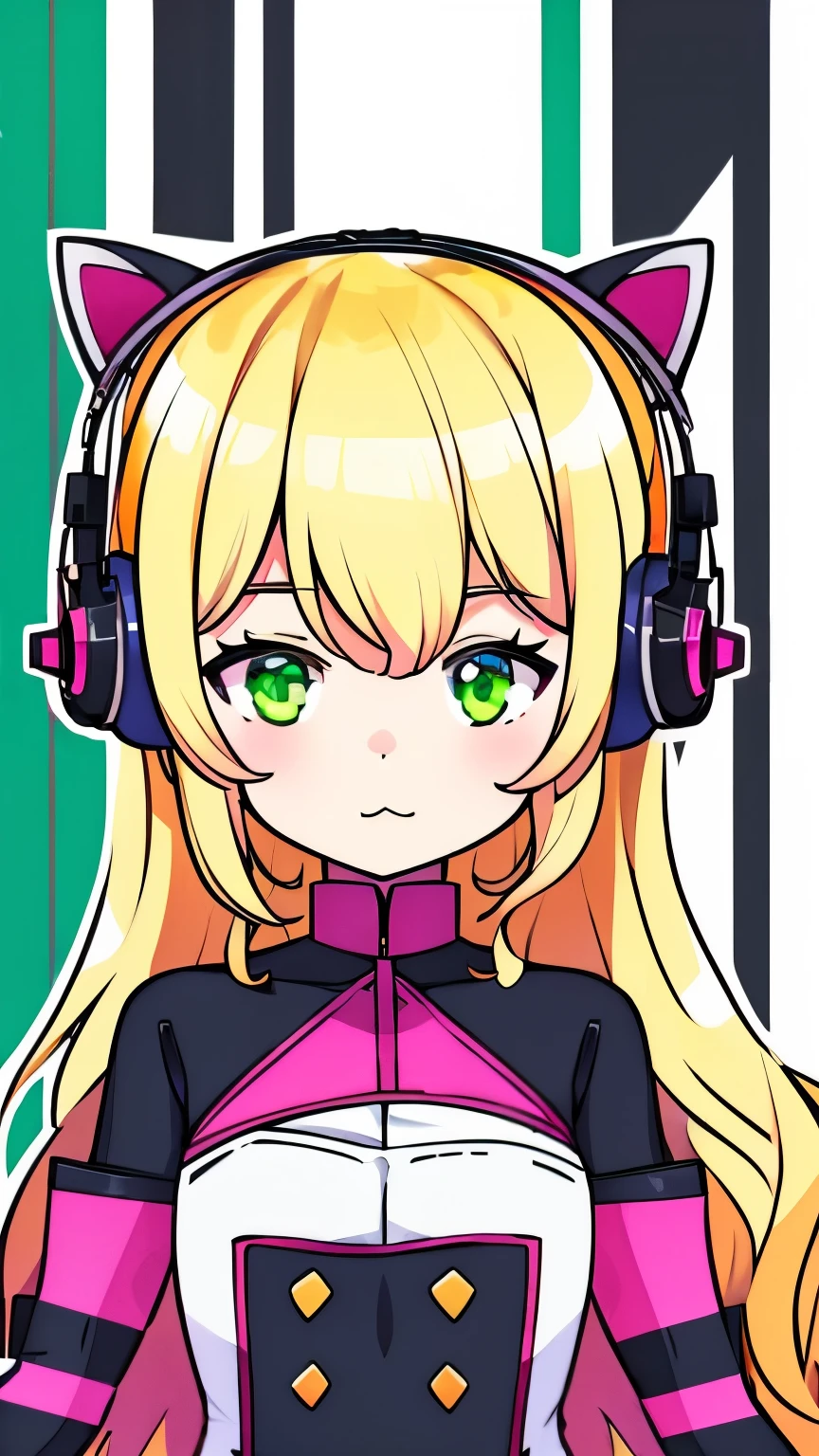 High quality, blonde hair girl, long wavy hair, green eyes, chubby cheeks, cat headphones, vtuber, pink gaming room