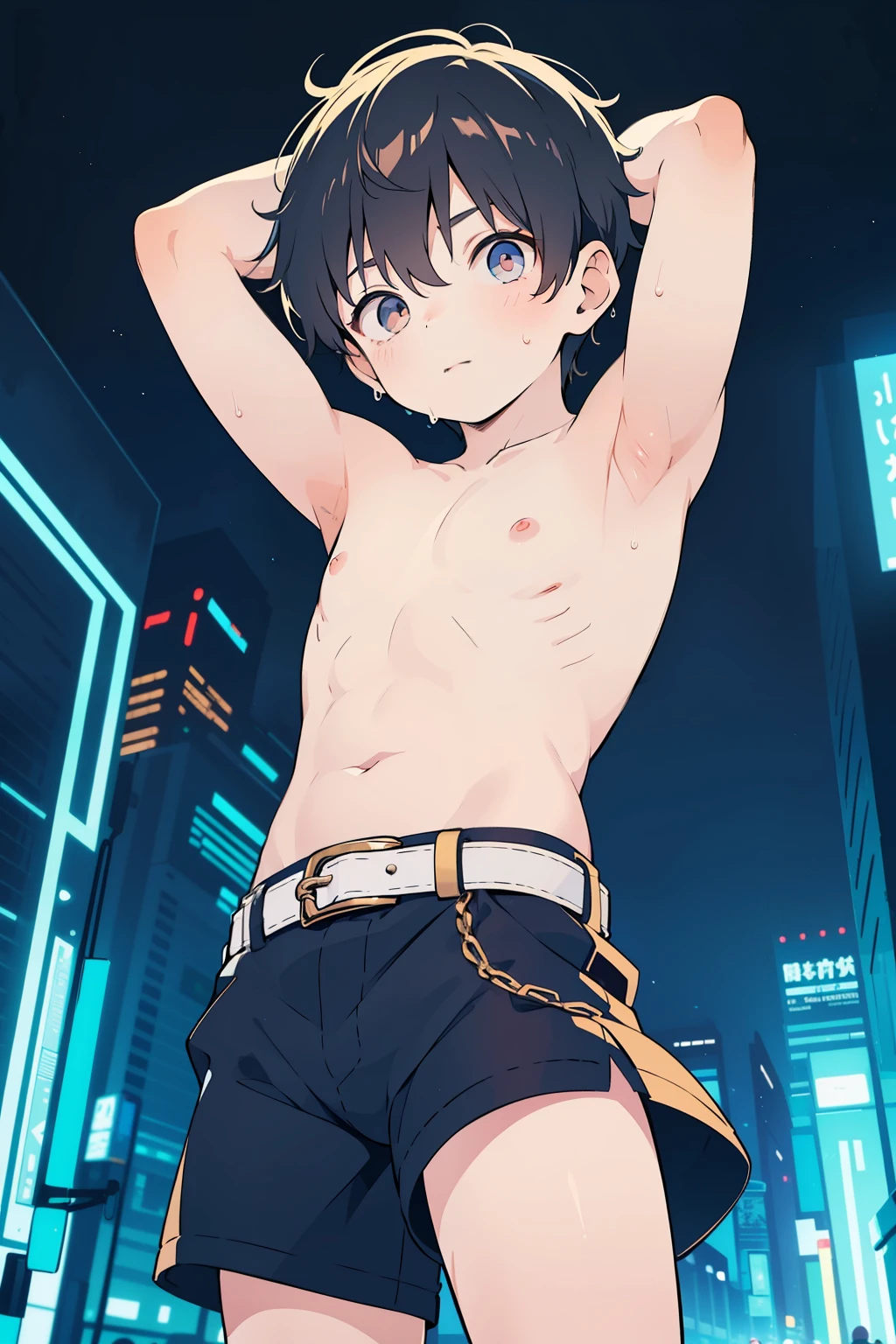 Highres, Masterpiece, Best quality at best,Best Quality,hight quality, hight detailed, Anime style, 1boy, teenager, cuddle, pretty face, Shota, young boy, Shirtless, bare shoulder, upper body, belt, -yeld, haome, Adorable little armpits, Give me a proportional picture of a boy's armpits, Give me a picture of the armpit of a young boy, (Showing armpit:1.3), (very young boy), (very small and short body), simple beckground, cute boy, Uhd, bokeh, sweat