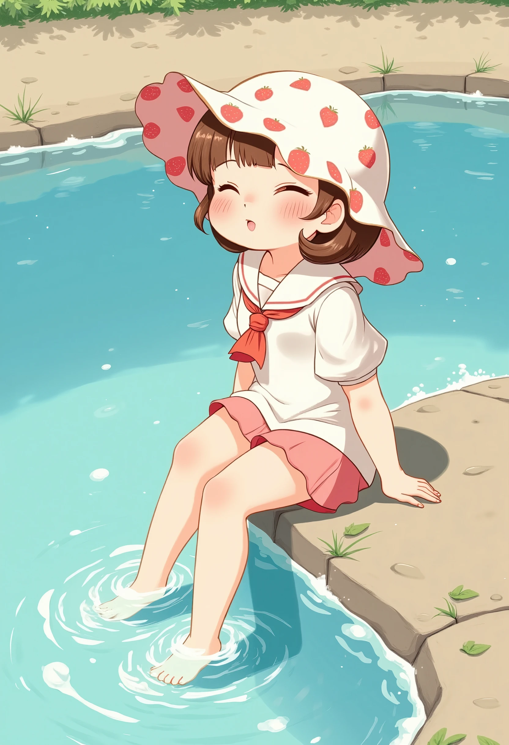 At the edge of a sparkling pond, smoll_lady dipped her toes in the water while wearing a cute sailor outfit. Her strawberry-patterned sun hat shielded her from the bright sun, making her look irresistibly adorable.