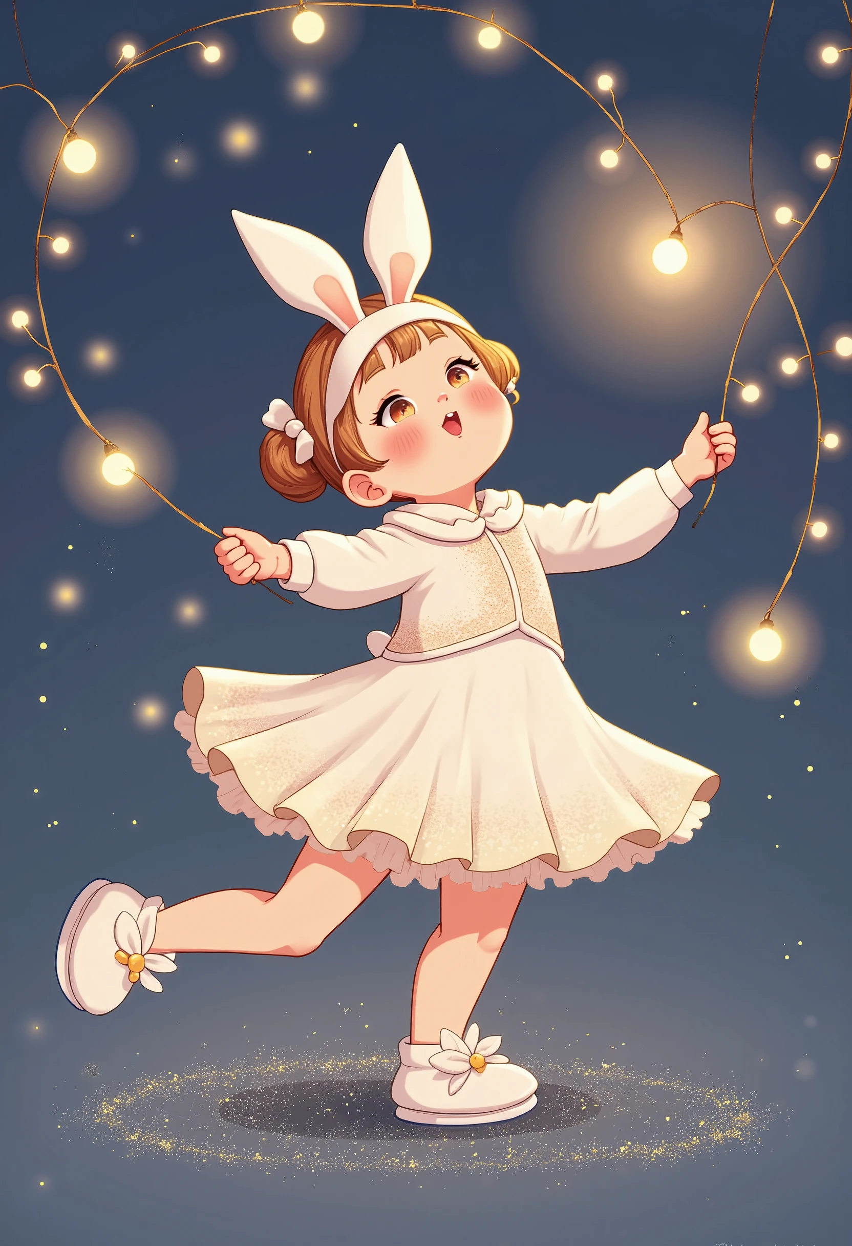 As the sun set, smoll_lady danced under the twinkling fairy lights in her shimmering tutu. With her bunny slippers on, she twirled around, leaving a trail of glitter behind her.