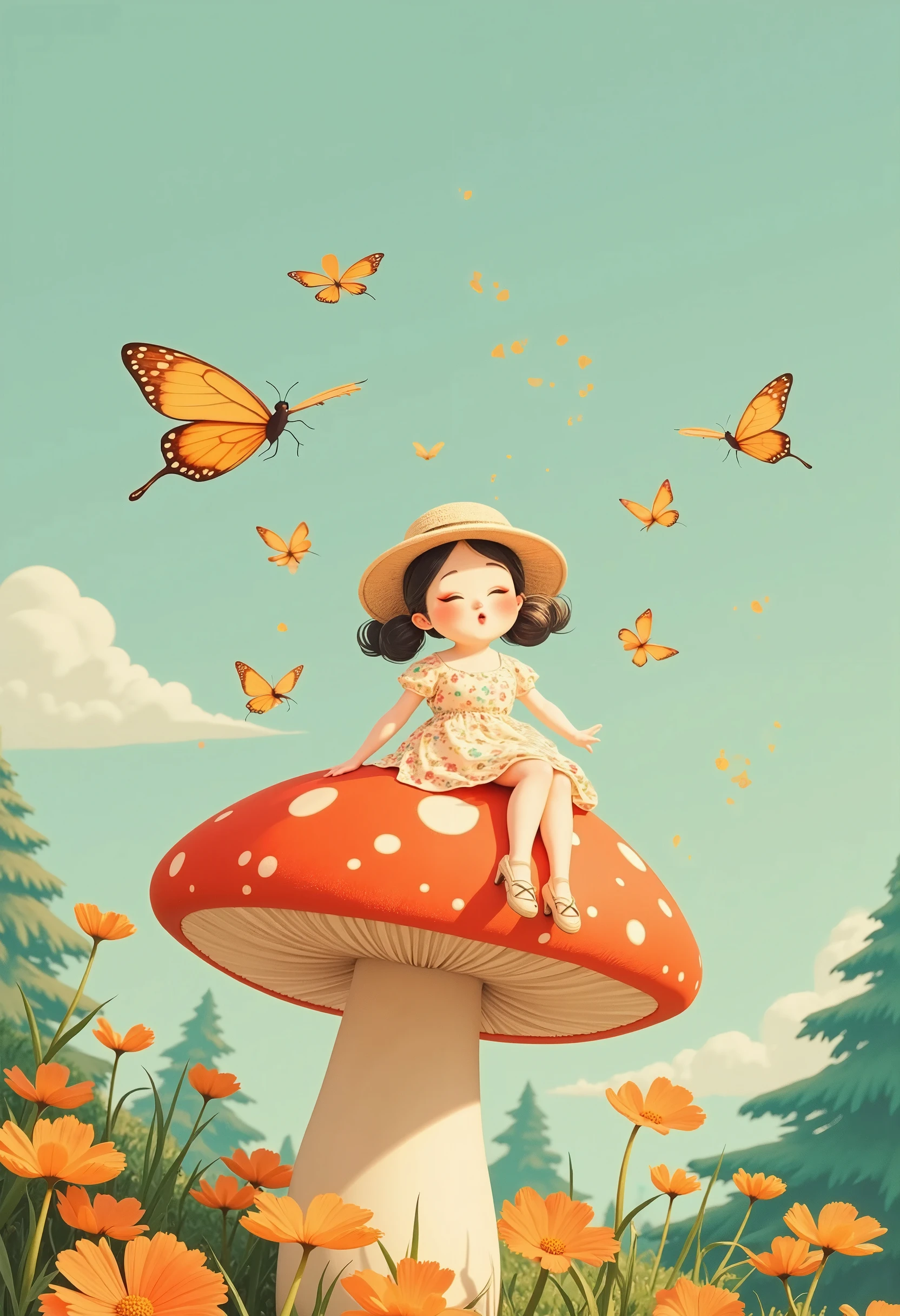 smoll_lady sat on a giant mushroom, wearing a tiny floral dress that fluttered in the breeze. With her miniature sun hat tilted to one side, she giggled as butterflies danced around her.