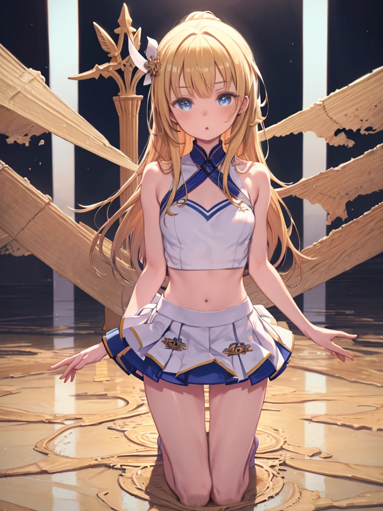 lease, blonde、long hair、cheerleader、spats、Photo from below、medium chest、Bedroom、mini skirt、lift up the skirt、navy high socks
