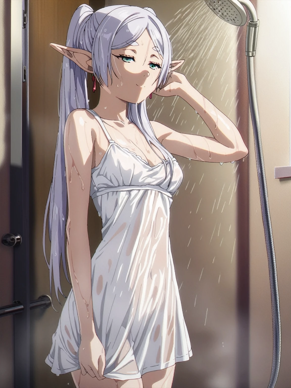 1 girl, pastel colours, brown-hair, violet eyes, hair up to the shoulders, elf ears, A lot of hairpins on the hair, naked ass, naked body, bare arms, skinny waist, Happy smile, Squinted gaze, little chest, large legs,  girl, Shower, shower cubicle