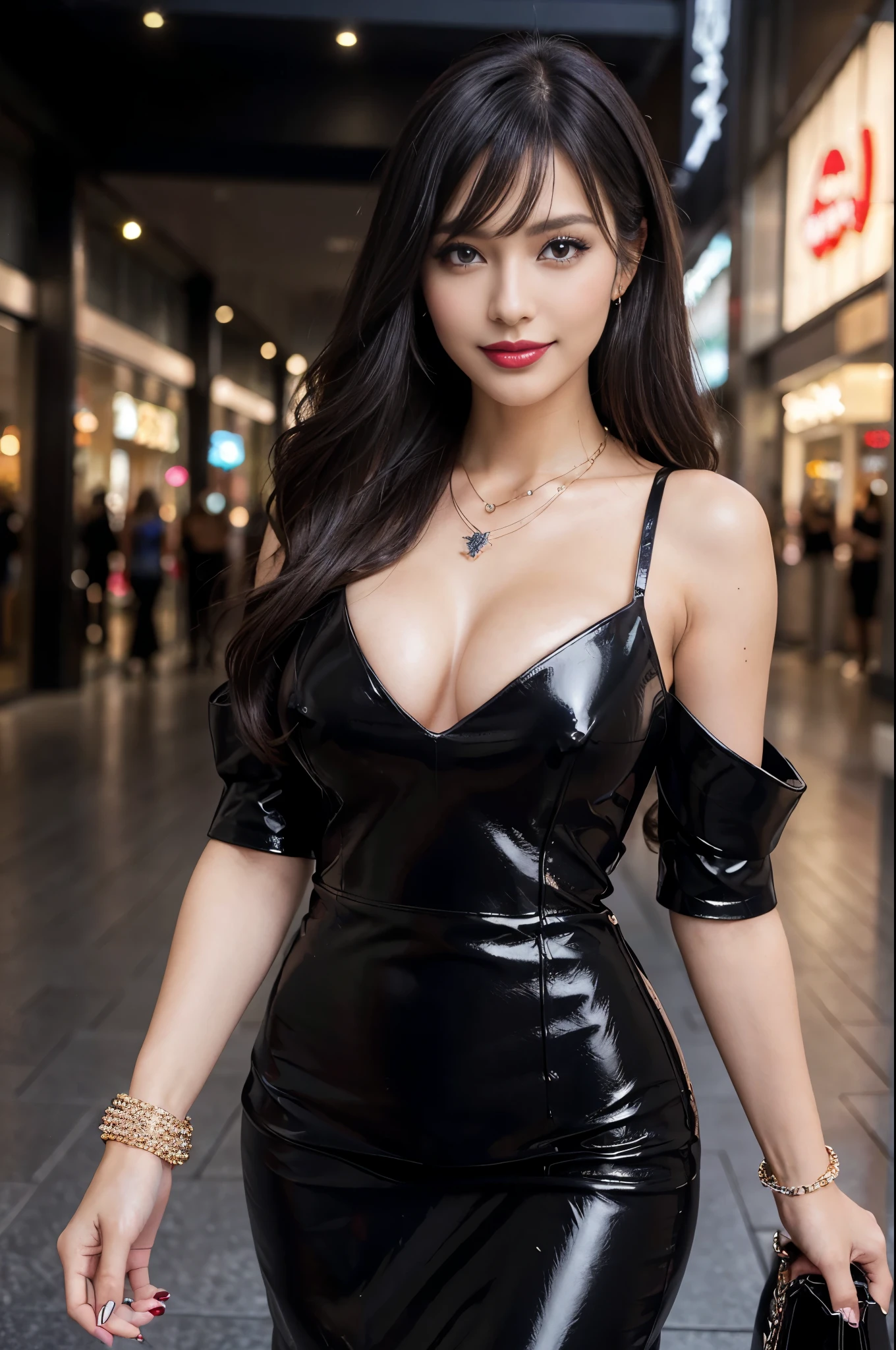 sexy canadian model, beautiful smile, glossy shiny lipstick, lipgloss, dramatic makeup, closeup photo, (sparkling large necklace), (sparkling large bracelets), day scene, large shopping mall background, gyaru, long dark flowing hair, ((shiny business style dark black leather dress), sweet and sexy, seductive look