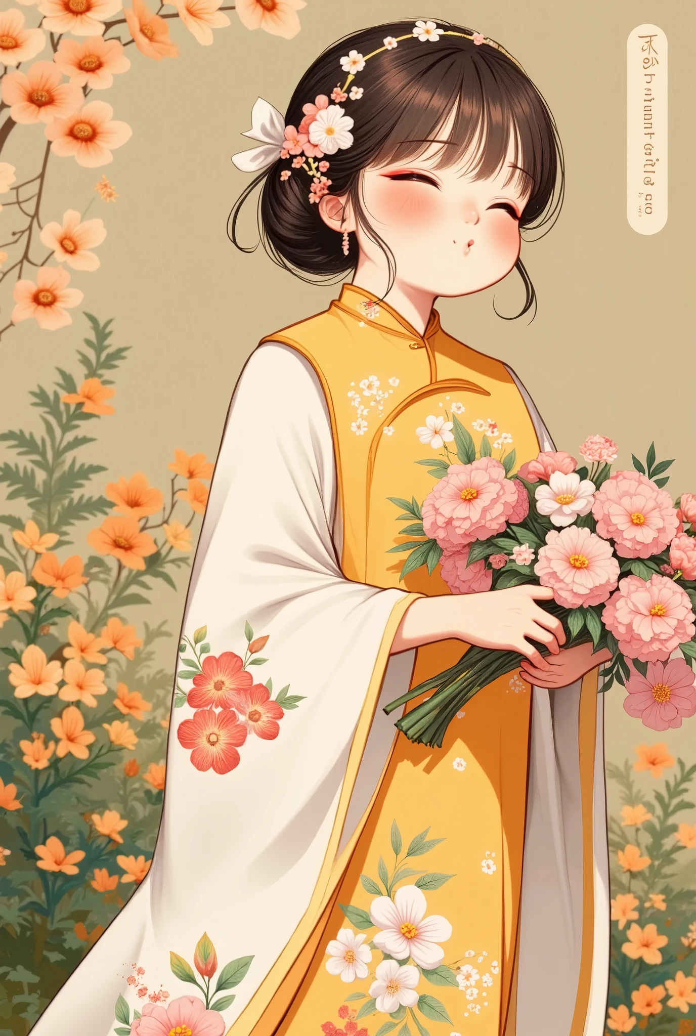 smoll_lady strolled through a floral market in her elegant cheongsam, its floral embroidery reflecting her cheerful spirit. With a small basket in hand, she picked out fresh blooms to create a beautiful arrangement.