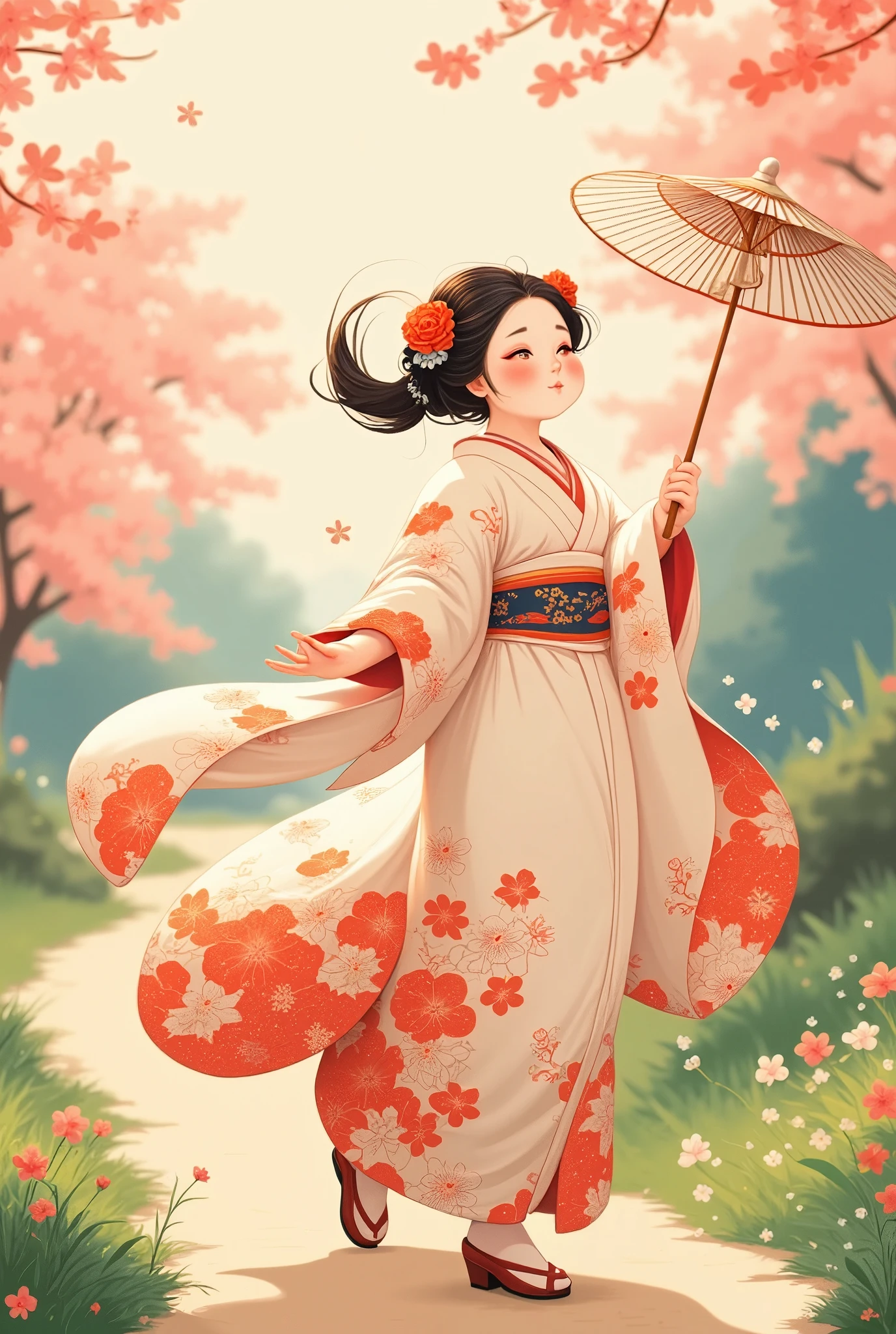 smoll_lady twirled gracefully in a beautiful kimono, its vibrant cherry blossom patterns flowing elegantly around her. With a delicate obi tied at her waist, she picked up a paper umbrella and danced through a serene Japanese garden.