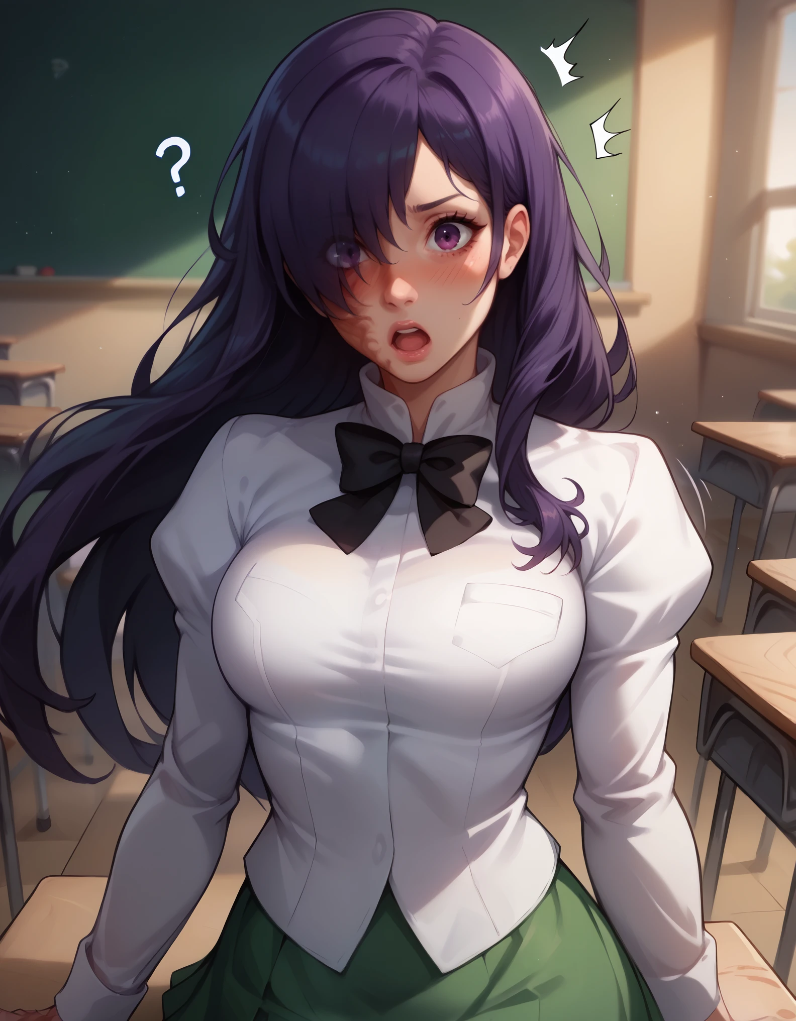 score_9, score_8_up, score_7_up, score_6_up, 1girl, solo, focus, 2d, ikezawa hanako, long hair, hair over one eye, purple hair, purple eyes, burn scar, Uniform, white shirt, Black bow tie, long sleeves, green skirt, Classroom, Green board, pov pull, exposing another's breasts, breasts out, motion blur, bouncing breasts, Surprised, blushing , looking at viewer, Question mark, dutch angle, AniPnyXLQual