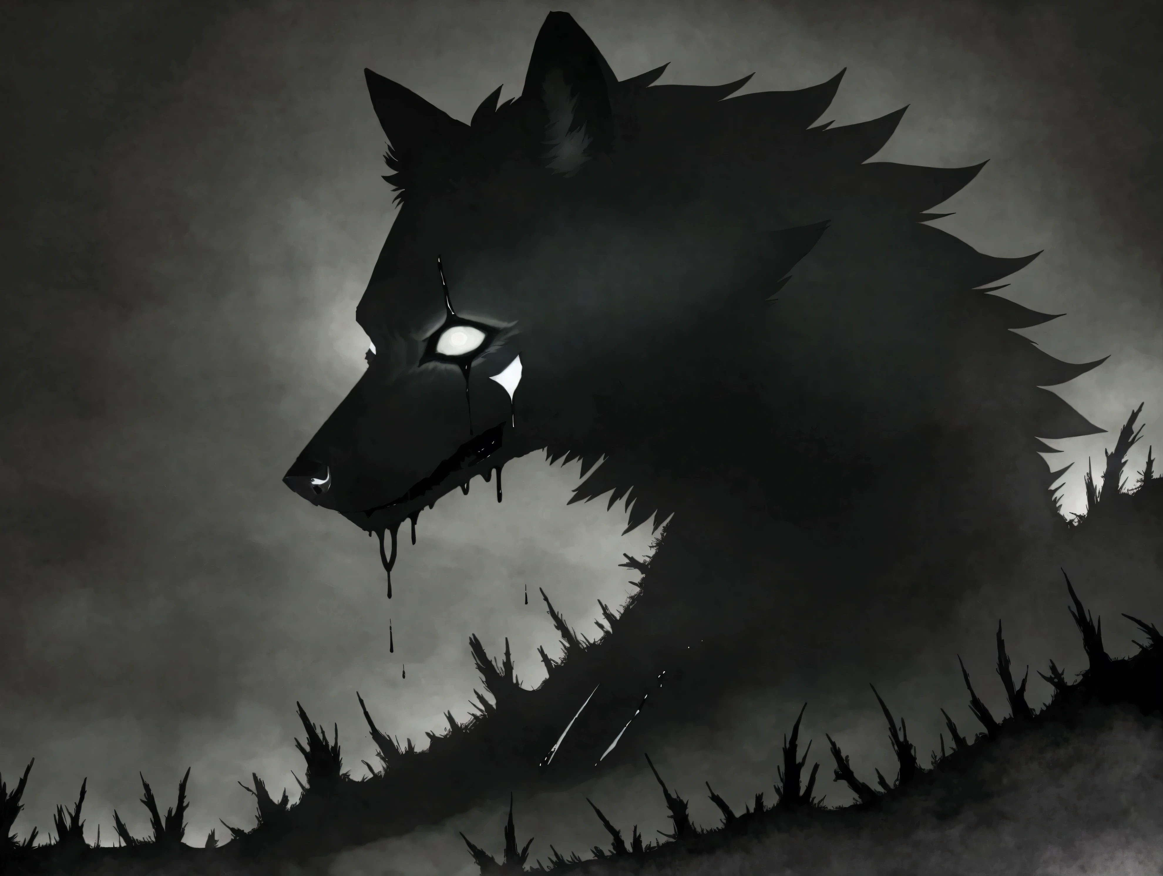 wolf, horror, wolf skull face, crying, tears streaming down, angry expression, full body, canine, half wolf face half skull, dark face, black fur, creepy, big teeth, bright white eyes, shadows, no face, dark background, full black backgrou