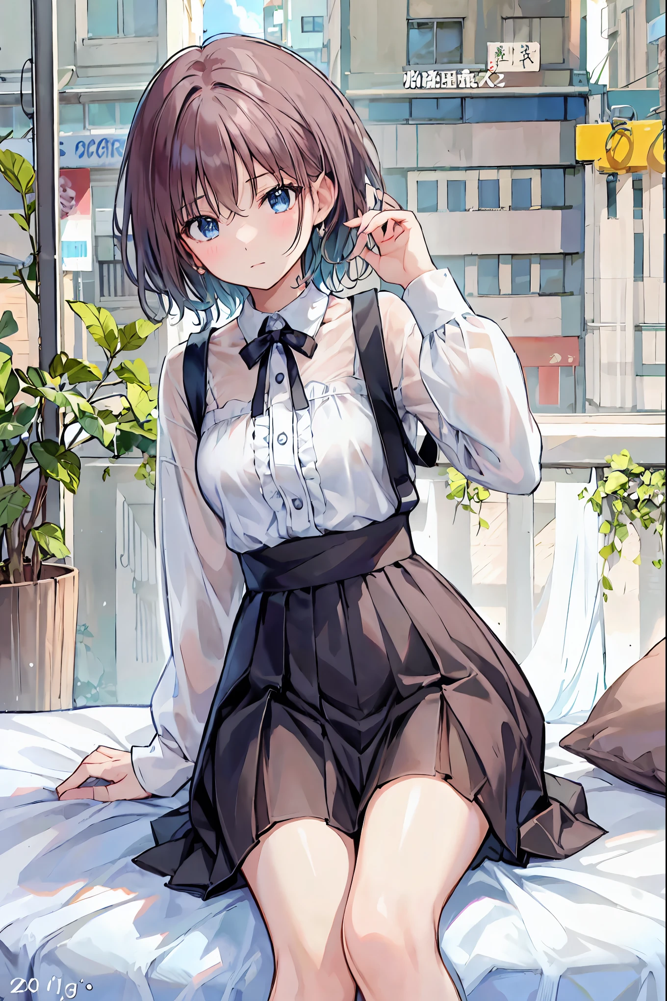 Anime girl sitting on a bed with a phone in her hand - SeaArt AI