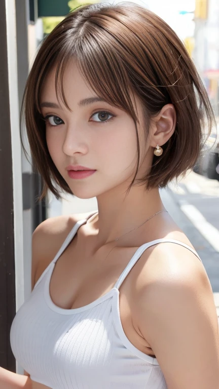 ((Best quality, 8k, Masterpiece :1.3)), Sharp focus :1.2, A pretty woman with perfect figure :1.4, Slender abs :1.2, ((Layered haircut, :1.2)), (Tank top shirt :1.1), (Street :1.2), Highly detailed face and skin texture, Detailed eyes, Double eyelid