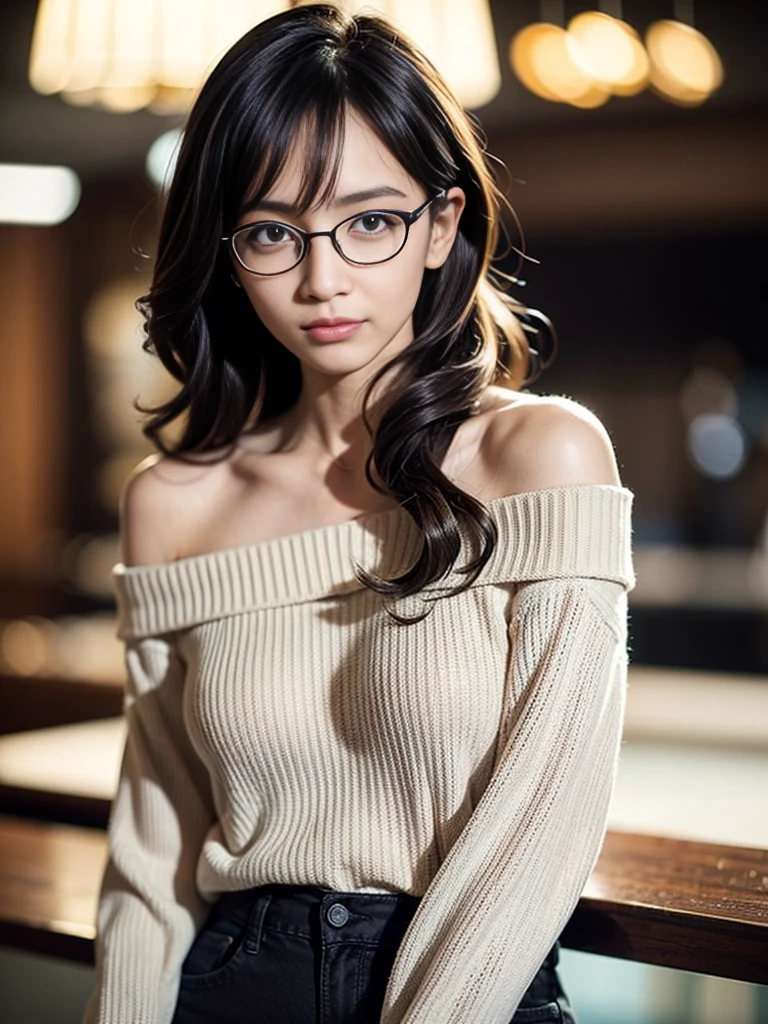 (8K, Raw photo, realistic: 1.25), (Partially gray hair, Thin lip gloss, thin eyebrows, eyelash, teardrops, snappy bangs, shiny face, shiny skin, highest quality, ultra high resolution, Depth of written boundary, chromatic aberration, caustics, wide lighting, natural shading, Neat and clean Japan woman, 35 years old,Glasses, kind, tie hair by hand, long hair, smile, Small devil, inside the house, Black shiny leather bondage, big breasts, cleavage, full body portrait, best shot
