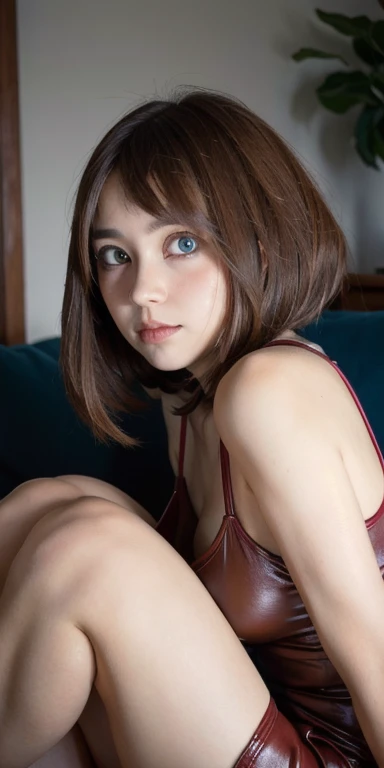 Moriman girl, masterpiece, best quality, realistic, seductive light smile, short hair to the shoulders, attractive eyes, (small), (fancy orange underwear, lace bra, ruffled underwear, (showing cleavage), very detailed, full body, modern ocean view hotel room, (ocean view floor-to-ceiling window), nsfw,