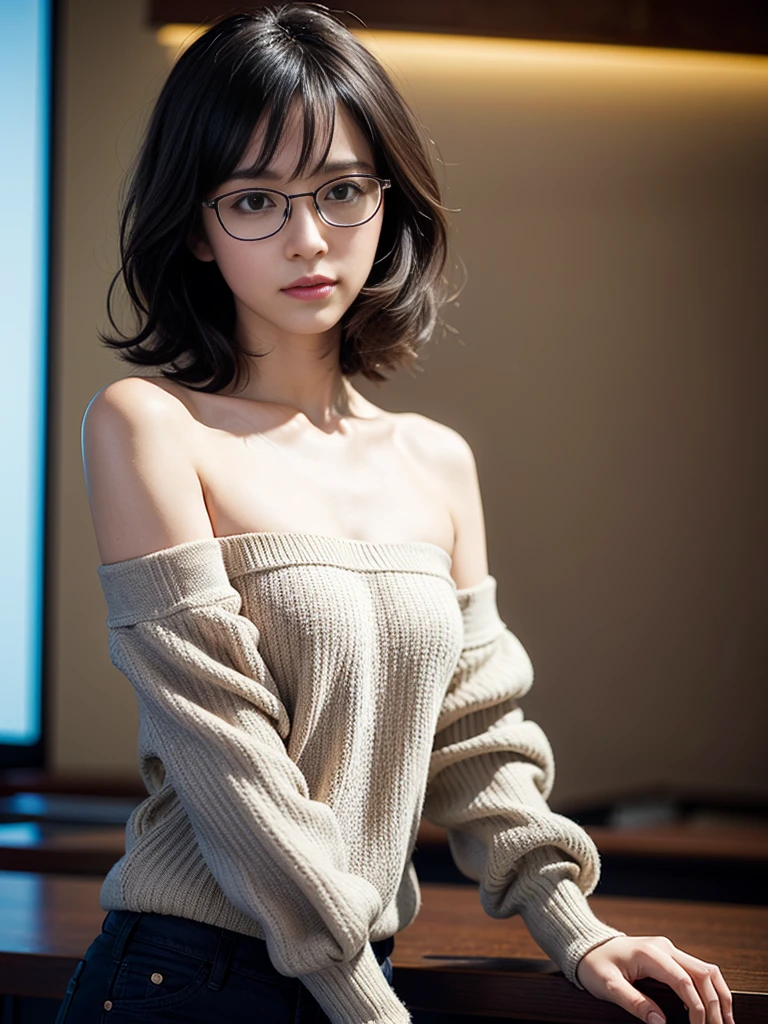 (Highly realistic photos, High resolution, Detailed face, Beautiful Eyes), Photographed in front of a white wall、Japanese women, 40 years old, Point to your audience,Serious expression, alone:1, , ((ponytail、Updo, short hair)), White skin, light makeup, Chest 40 inches, Ample breasts、Wearing a grey knitted dress,Wearing a V-neck dress,Serious expression、Background Cafe, Full body portrait, 超High resolution、Bright white light illumination、Glasses、Upper body naked、Nipples、