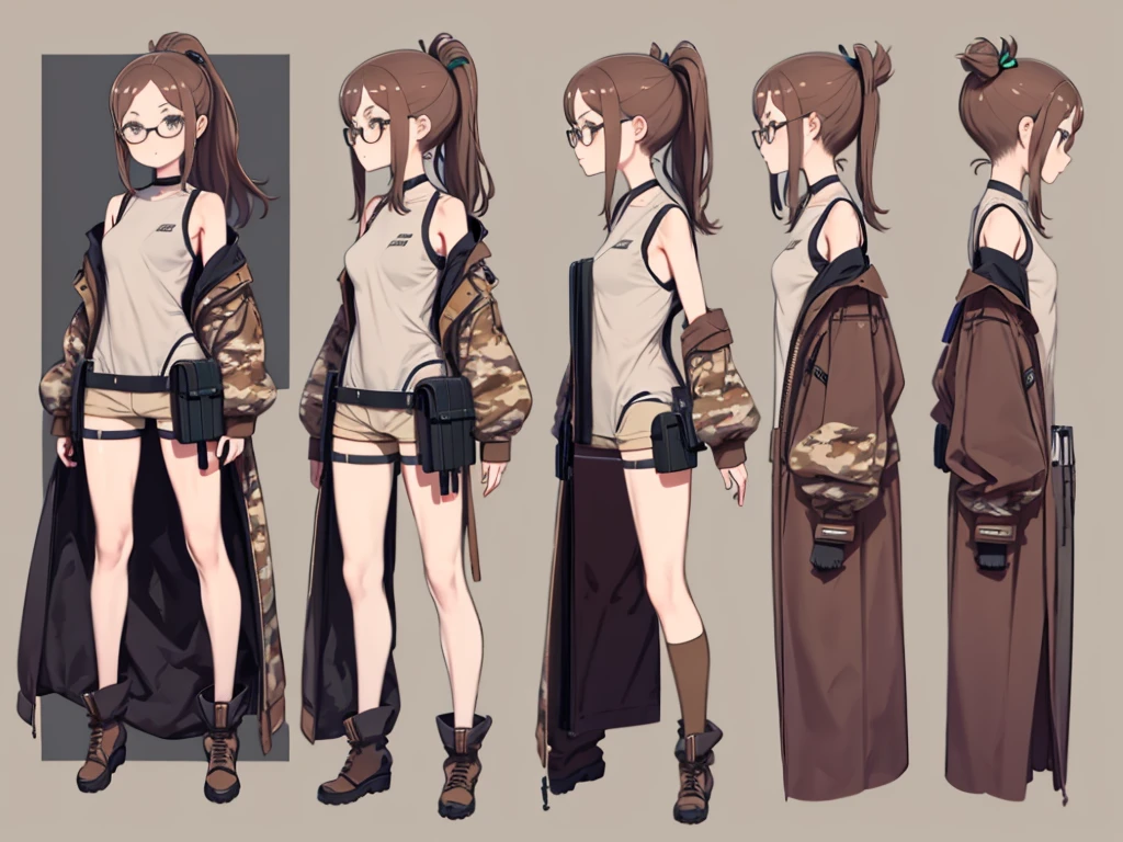 woman, 20 years old, long brown hair, ponytail, Long boots, Aesthetic body, stylish, Scientist, Scientist clothes, White, Desert Camouflage, Brown tank top, Shorts, Futuristic, Glasses, Clevis, Tech Equipment, Different angles, (Front, return, side), Character Sheet, Model Sheet, Reference Sheet.