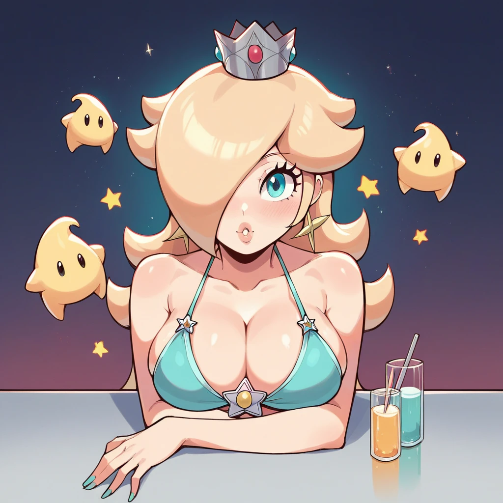 Princess Rosalina as a pornstar, super Mario Bros, Princess Rosalina, pornstar, busty pornstar, (((in a nightclub))), Hot cleavage, gigantic boobs, sexy bikini