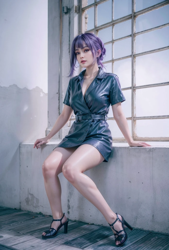 Ayane, Purple hair, (best quality, Ultra-detailed), (realistic:1.37), beautiful and detailed face, ultra-realistic texture, delicate face, delicate body, red lipstick, long-lasting colors. high definition, 8K. with a serious and very expressive expression in the eyes.