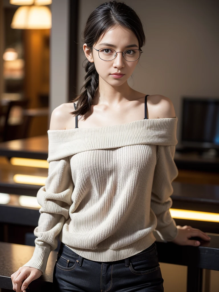 absurdres, RAW photo, extremely delicate and beautiful, masterpiece, Best Quality, ultra high resolution, 32k, hyperrealistic, ultra-detailed, perfect anatomy, anatomically correct, perfect figure, Perfect Style, Perfect balance, super Detailed skin, in her 20s, very Slim body, narrow waist, very small head, very small face, delicate facial features, tearful mole, earring, very huge round breasts, whole body shot, whole legs, medium hair, asymmetrical hair, indoor, knitted shirt, skirt, tie,