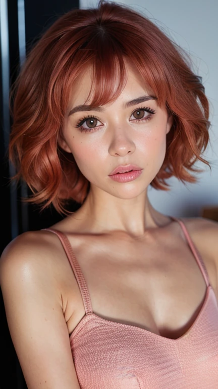 Best quality, facial focus, soft light, ultra high resolution, (photorealistic:1.4), RAW photo, 1 girl, Mina Ashido, single, cute, (pupil, lights in eyes), beautiful and detailed face, (small chest),(High resolution detail of pink-coral skin texture.), (deep copper hair), interior, full body, purple elegant mini-dress, black leather jacket, (portrait)
(retrato)