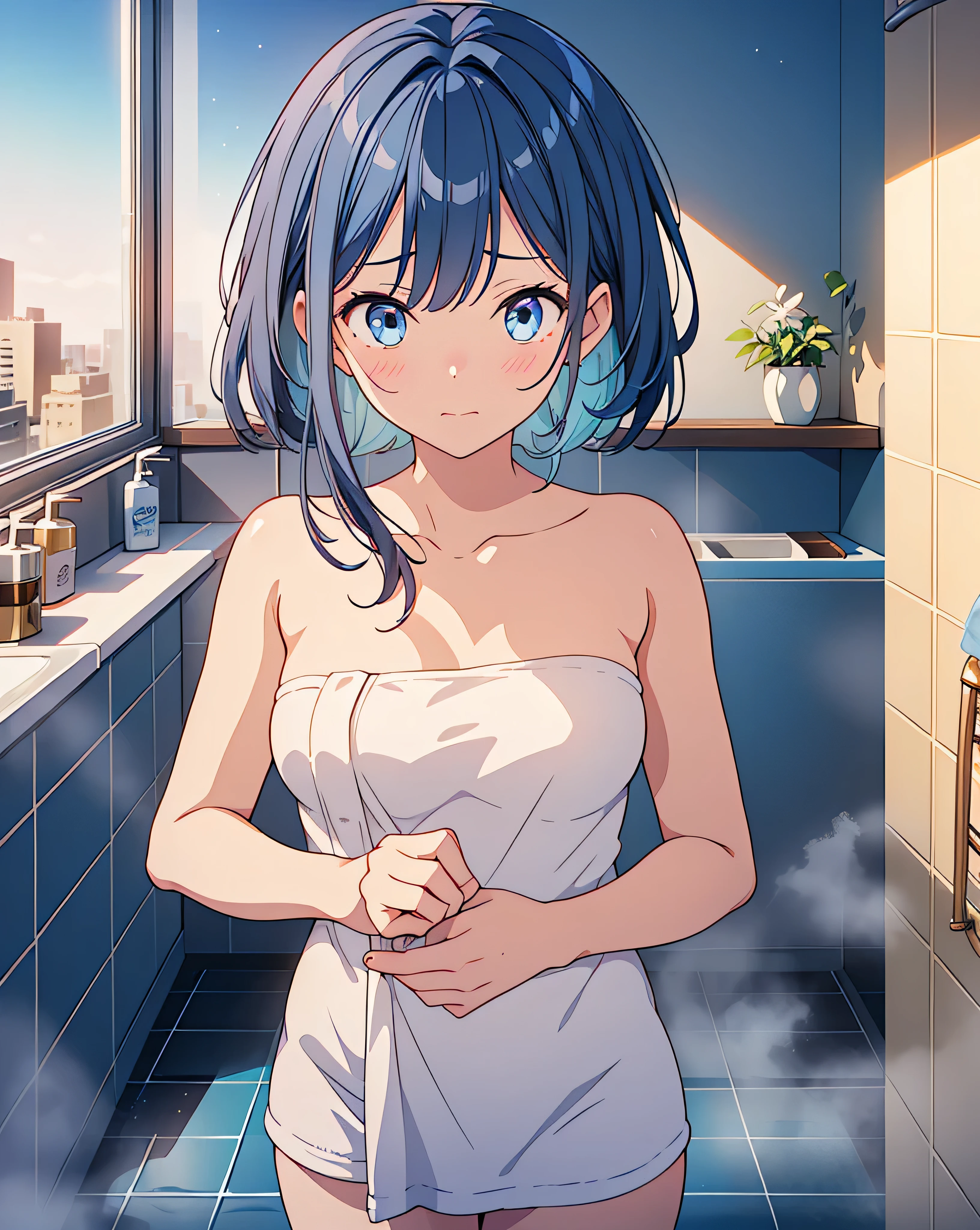 (Masterpiece, High Quality, Top quality, High-Detailed, Detailed CG, Cinematic Shadow, Cinematic Scene, Beautiful Detailed Eyes, Ultra Resolution, Depth of Field, High Resolution, Masterpiece: 1.2), Anime Art style, Very Detailed, Dynamic Angle, Teen Style, Detailed Green Hair, Detailed Blue Eyes, Purple Eye, Slim Body, Sparkling Eyes, Sparkling Detailed Eyes, Hair Accessory, Earrings, Slightly Blunt Bangs, Looking the Audience, (Embarrassing Expression:1.2), (Towel:1.2), (White Towel), (Almost Naked), (Naked Towel), (Anime Girl Holding a Towel to cover it's body), (Only wear Towel:1.2), (Cover Body With Towel), Good Composition, Hand, weat, Thick Thighs, Small Breasts, Small Size Breasts, Blur Background, Chinese Architectures