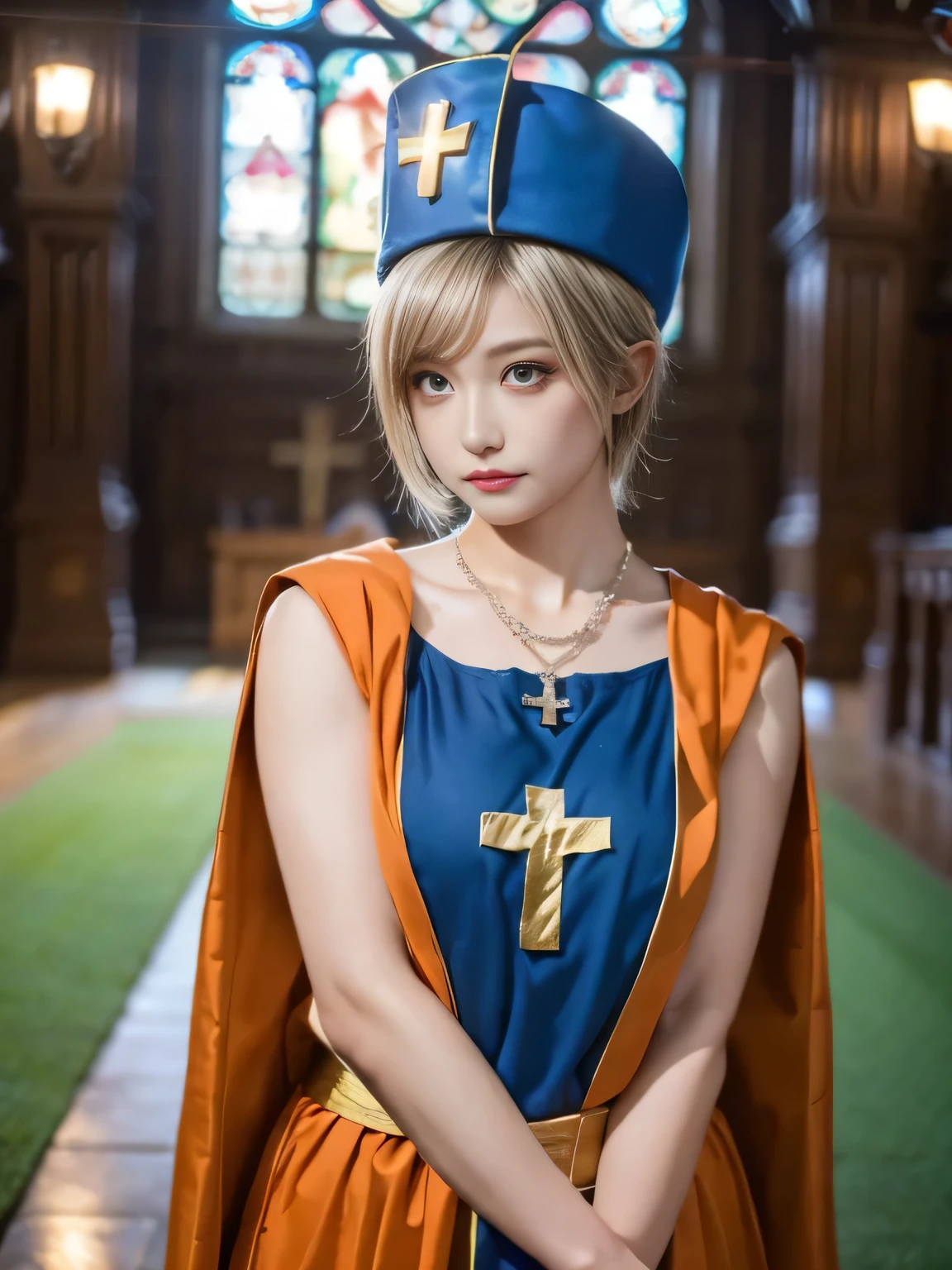 20 year old Japanese beauty,One woman、Muscular body like a bodybuilder、Emphasize the breasts、Slit eyes、A head-to-toe view,Bust is very very large、The background is a Christian church、High quality photos、Clear, crisp images of the lower body、masterpiece 8k、From the front, from the side, from the back, etc.々from what camera angle to shoot、Dragon Quest III female priest cosplay、Wearing a diamond necklace、I have blonde hair、Orange tights all over、He has a scepter in his hand、Wearing light blue robes、He wears a large hat with a cross motif.、Uses healing magic