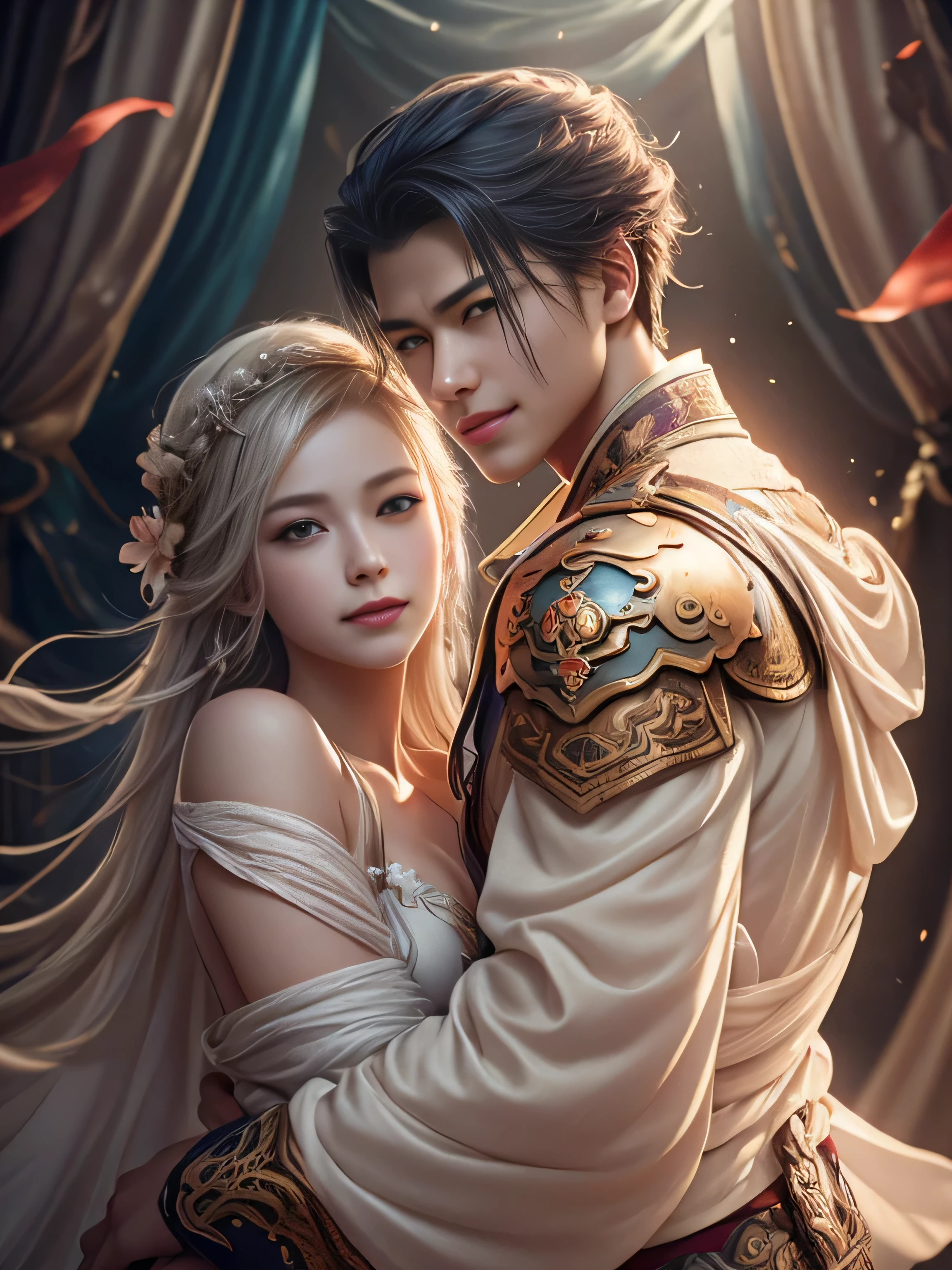 (Best Quality, Super Detail, Masterpiece, Representative Work, Official Art, Professional, Super Fine Detail, 8k:1.3), (photorealism:1.2), (Couple, Beautiful Girl and Boy), A couple in the sea of flowers, Handsome guy hugs beautiful girl from behind, Smiling and Wearing White Clothes, Delicate Hair, Ancient Chinese Beauty and Handsome Man, Wearing Ancient Chinese Clothes, Flowing Tulle, Light Silk, Create a movie poster similar to those used in Chinese romantic fantasy dramas, Correct proportions, Perfect face, perfect hands, Sweet atmosphere, Photorealistic, Sharp Focus, Dreamy Atmosphere, Delicate Details, Soft Volumetric Light, (Backlight:1.3), (Cinematic:1.2), Intricate Details, (ArtStation:1.3)