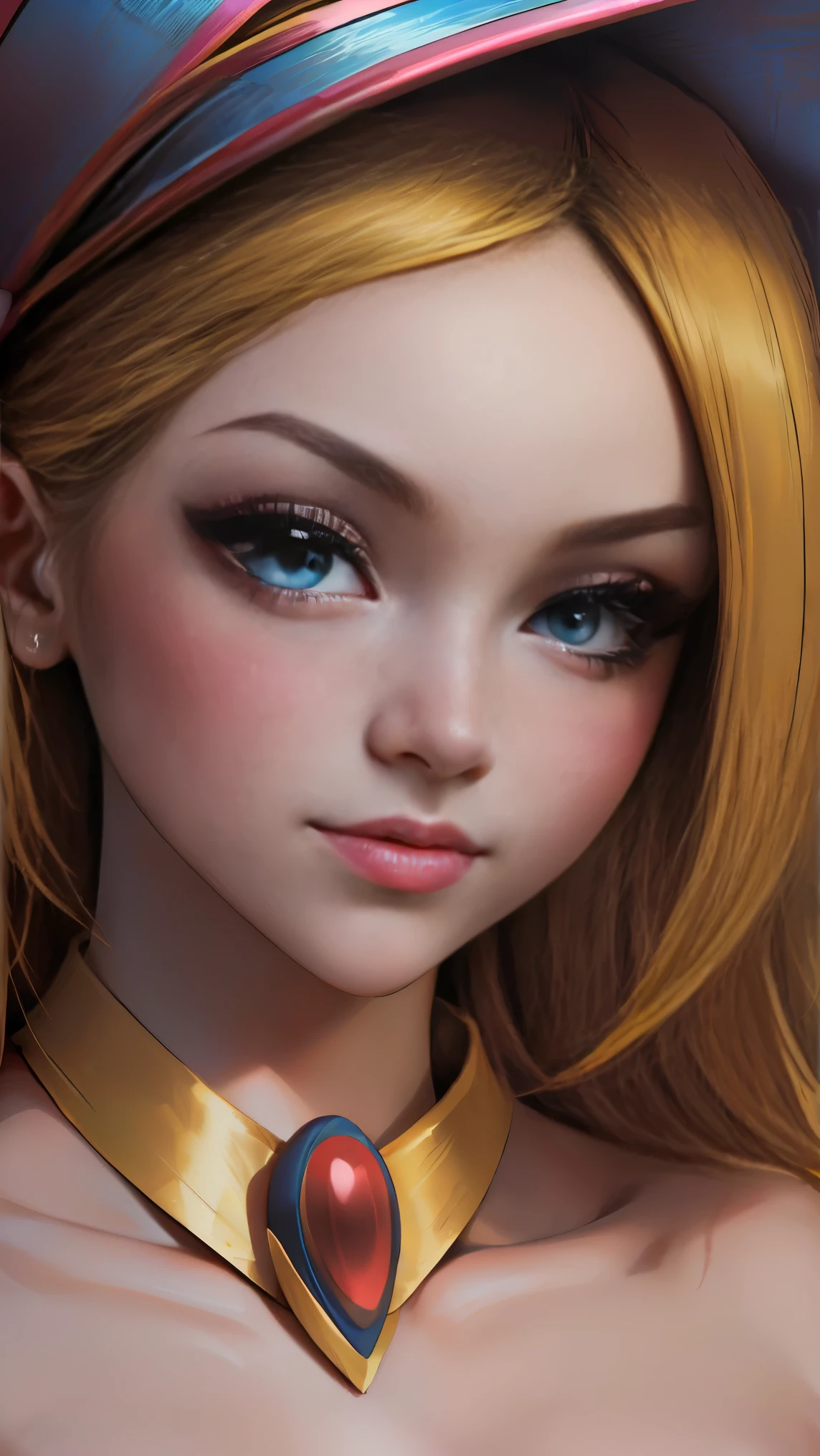 mejor calidad, obra maestra, cabello rubio, ojos azules, mirando hacia arriba, parte superior del cuerpo. Dark magician gils. Rostro de Diosa.