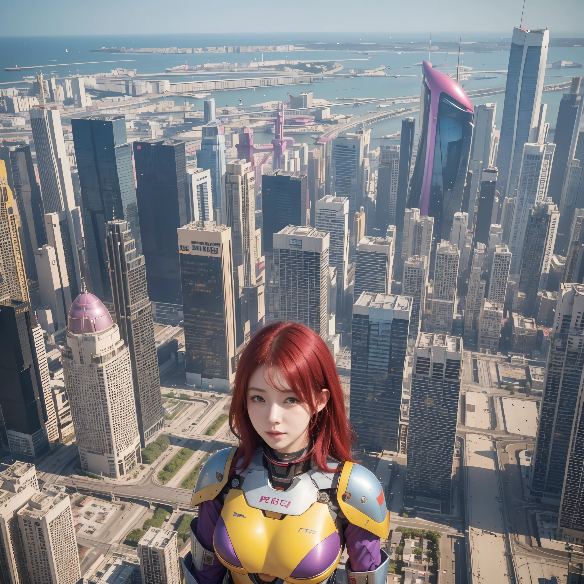 Round face, Beautiful Maiden, blushed face, red hair, sunshine, beautiful city, Exploration City, small breasts, without bra, fantasy city, Top view of the city, ((Girl with mecha suite)), ((yellow mecha suite)), focus on the background, cyberpunk, pink purple blue exposure, 