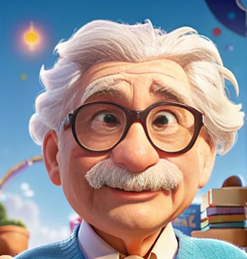 a close up of a cartoon character with white mustache and hair, Old guy, Albert einstein, einstein, film title: genial, world behind him, Movies of 2024, animated film, character poster, remake da disney (2021), 3 d animated film, portrayed as a Pixar character, movie poster character, official poster, Pixar movie, 2023, 2 0 2 3, Pixar movie poster