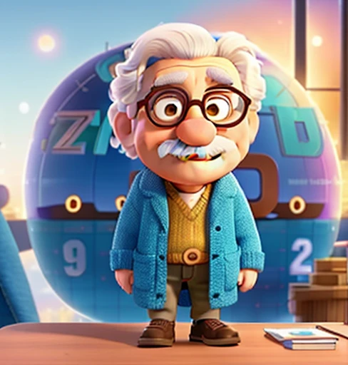 a close up of a cartoon character with white mustache and hair, Old guy, Albert einstein, einstein, film title: genial, world behind him, Movies of 2024, animated film, character poster, remake da disney (2021), 3 d animated film, portrayed as a Pixar character, movie poster character, official poster, Pixar movie, 2023, 2 0 2 3, Pixar movie poster