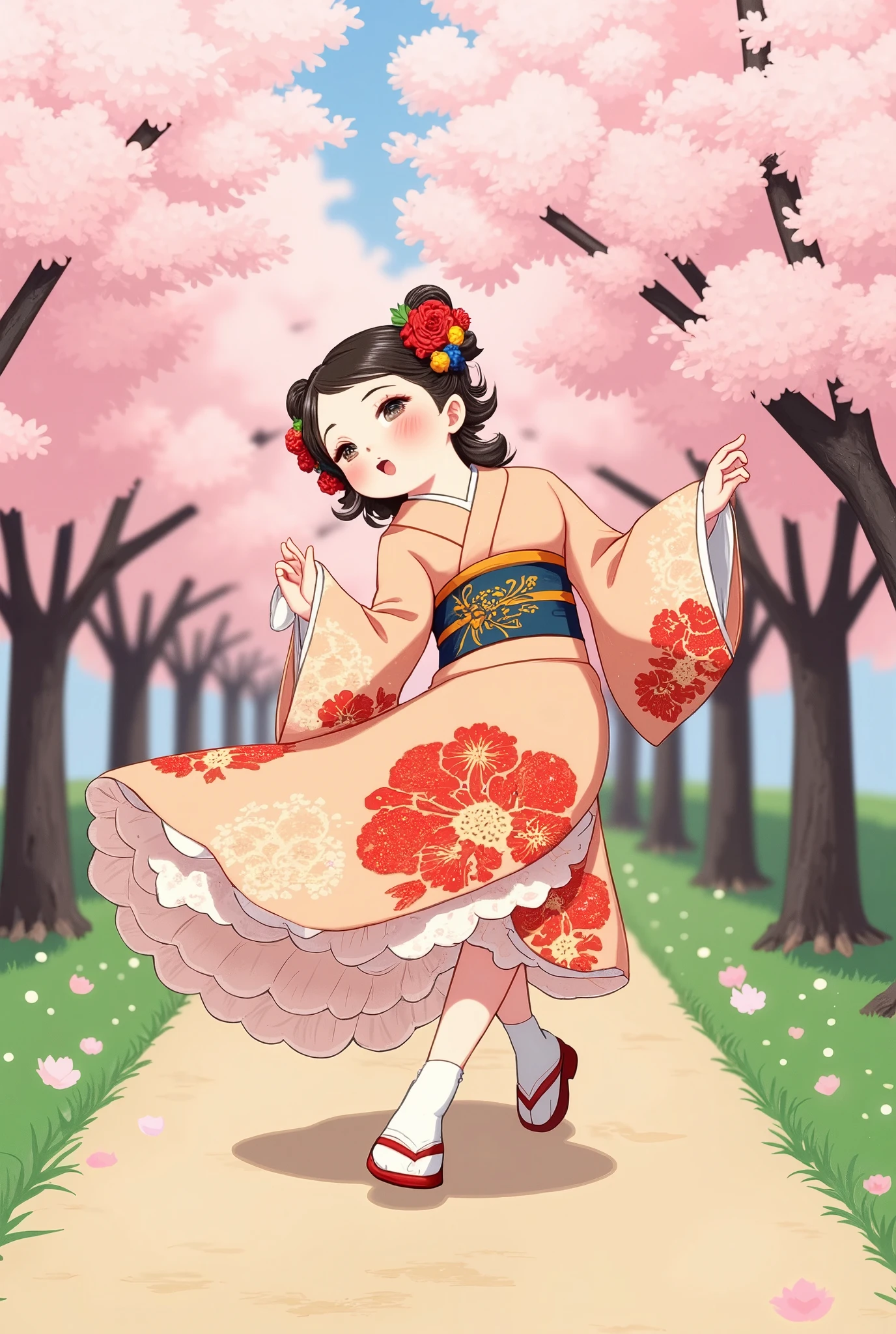 smoll_lady twirls in a vibrant kimono adorned with intricate floral patterns, her hair adorned with kanzashi hairpins. With a cheerful smile, she skips along a path lined with cherry blossom trees, petals fluttering in the breeze.