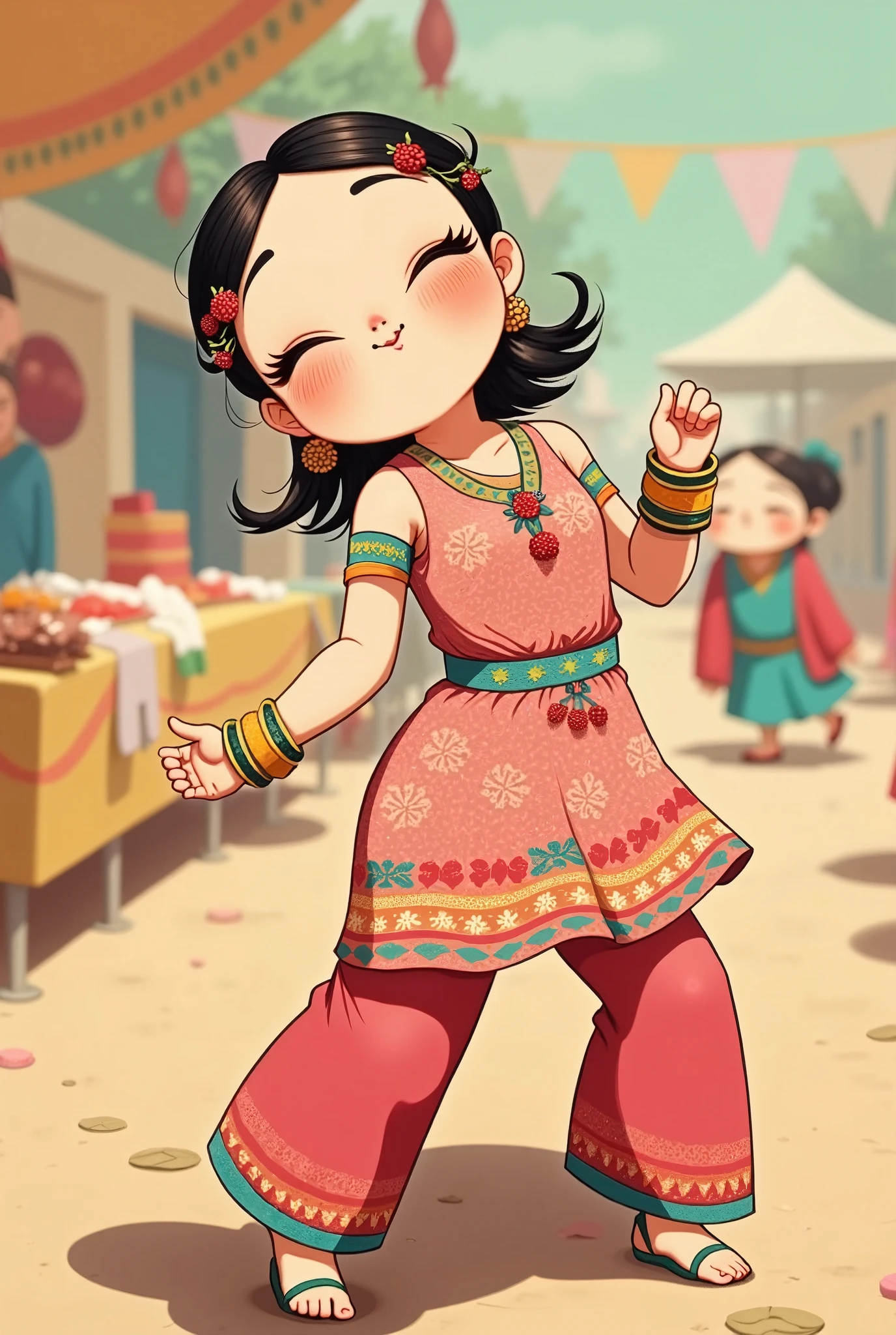 At a cultural fair, smoll_lady dons a playful kurti and palazzo pants, twirling in delight as she visits various stalls. Her colorful bangles jingle with every movement, adding a musical touch to her cheerful spirit.