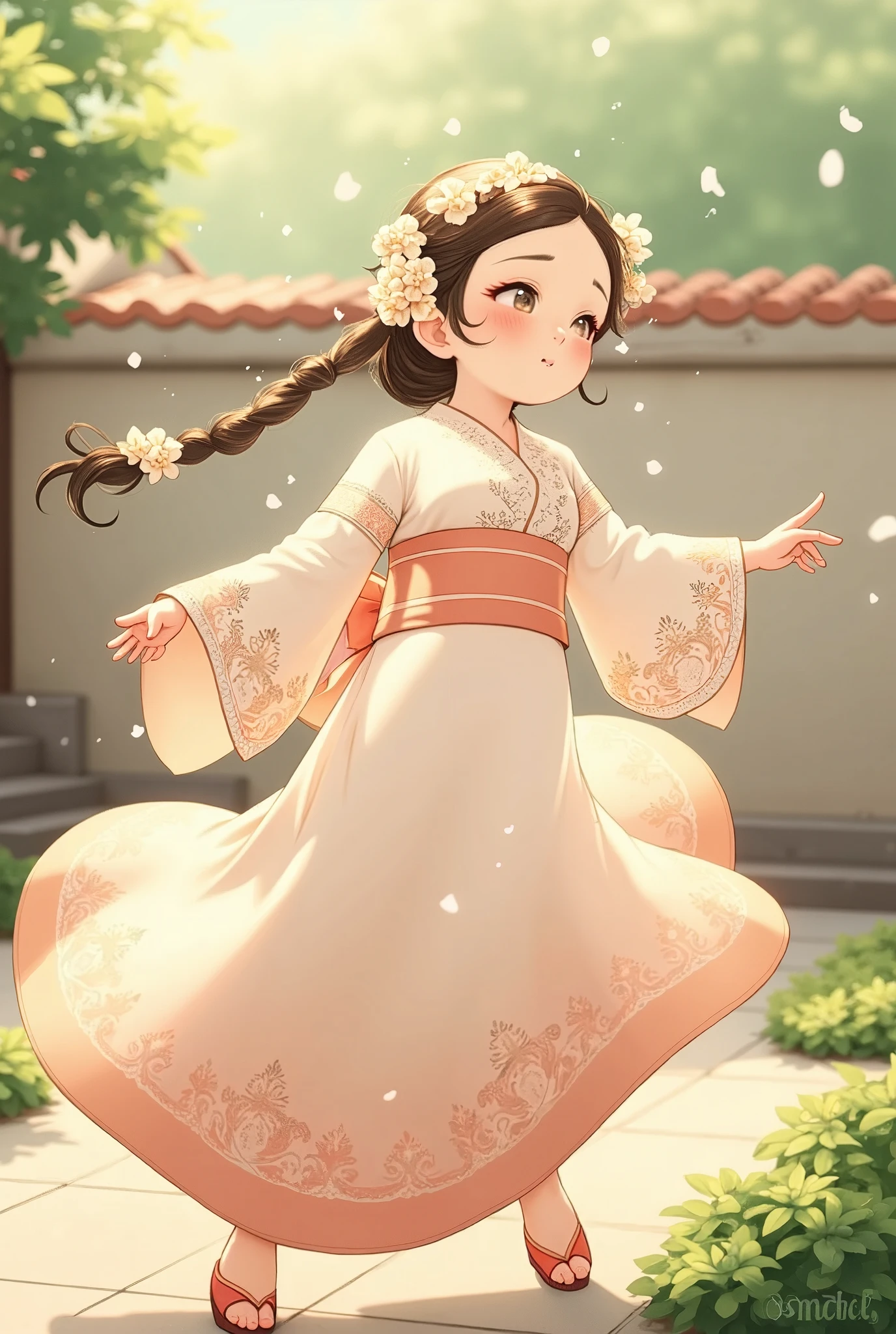 In a sunlit courtyard, smoll_lady wears a delicate kebaya with intricate lace detailing, complemented by a flowing sarong. She playfully spins around, causing her long sleeves to billow while she gathers fresh jasmine flowers for a garland.