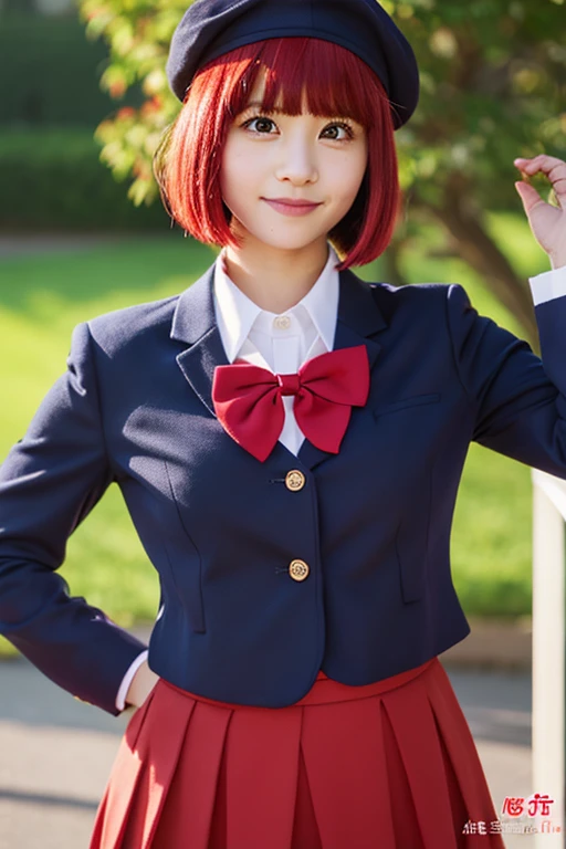 high school girl, portrait, front view, red hair, bob cut, red eyes, navy blue beret, navy blue jacket, red bow tie, light gray flared skirt, 150 cm height