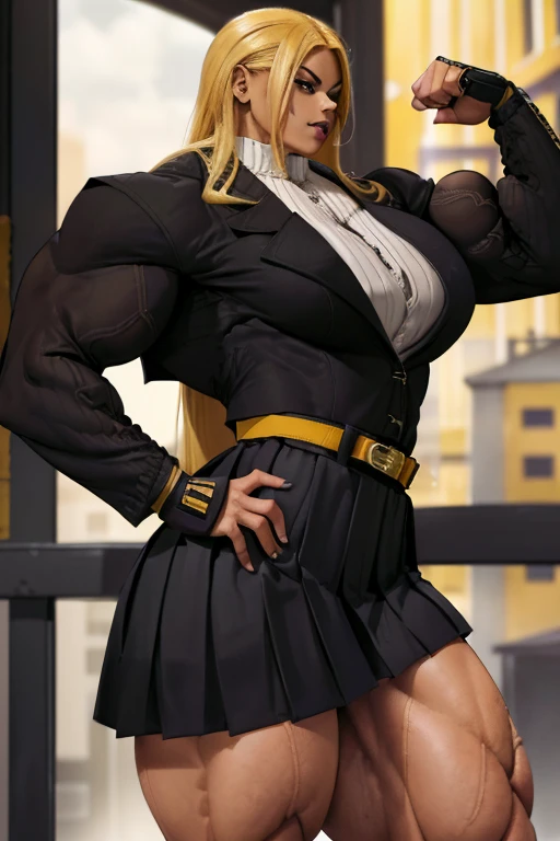 ((Close-up)), tall, (yellow hair) beautiful muscular latino woman, long flowing hair, brown skinned, closed smile, large breast, (black lipstick), (massive muscles), (hyper muscle), (((ginormous bulky muscles))), gray eyes, (((((long sleeve school uniform blazer jacket))))), ((((black long pleated skirt with belt)))), (fingerless gloves), (necktie), thigh highs, in college rooftop, 