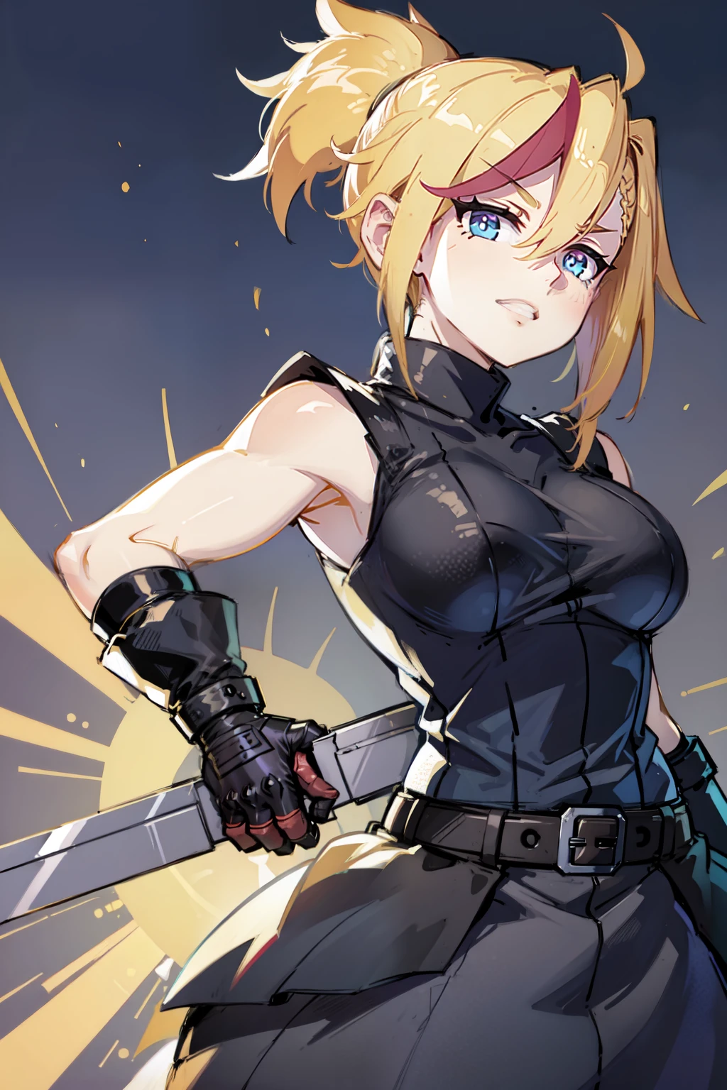 (masterpiece, best quality:1.2), Blue  glowing eyes, perfect face, highres, 1 girl, solo, ultra long ponytail, (female:1.5), strife, blonde hair, shoulder armor, sleeveless turtleneck, suspenders, belt, gloves, bracer, evil smile, standing, portrait, looking at viewer, giant sword on the back