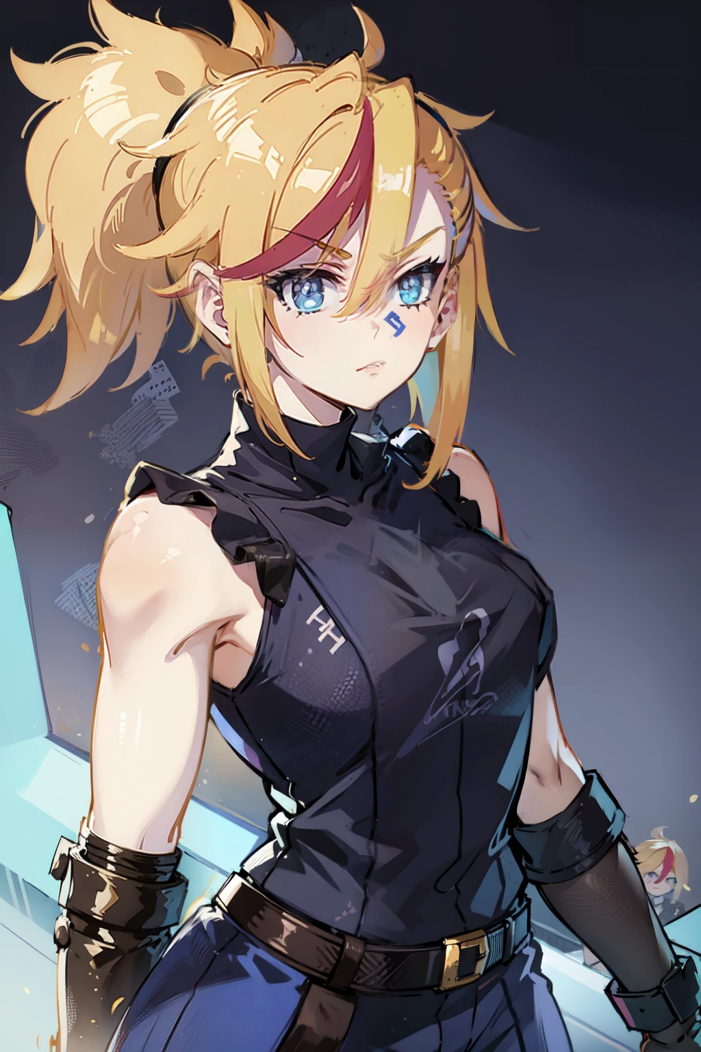 Anime female skinhead,blonde, blue eyes, dark punk clothes, mercenary, deadly and skilled, sexy german