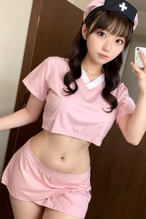 ((Best Quality, 8k)), Beauty, Japanese girl, nurse, whole body, Perfect Anatomy, Standing, ((Belly button))、Black Hair, Cute inward curled hairstyle with blunt bangs, 20 years old, Face Focus, Detailed face, Detailed lips, Beautiful Eyes, Sweaty skin: 1.2, nurse uniform, (Pink nurse uniform,) nurse cap,((Ultra mini skirt))、((In the hospital))