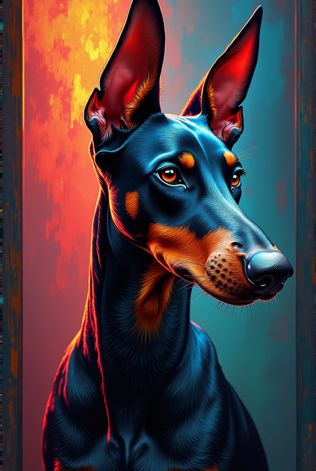 (Sandu Art:1.3), nwinkpunk, essay, The terrible technology organic mutation (Doberman), sportrait, The light from the back window is backlighted, Abstract, painting of a, Drawn by famous artists, Ethereal, liquids, Abstract, tmasterpiece, The is very detailed, Best, HighestQuali, realistic illumination, ultra - detailed, Surrealism, colours, Colorful, social clothes